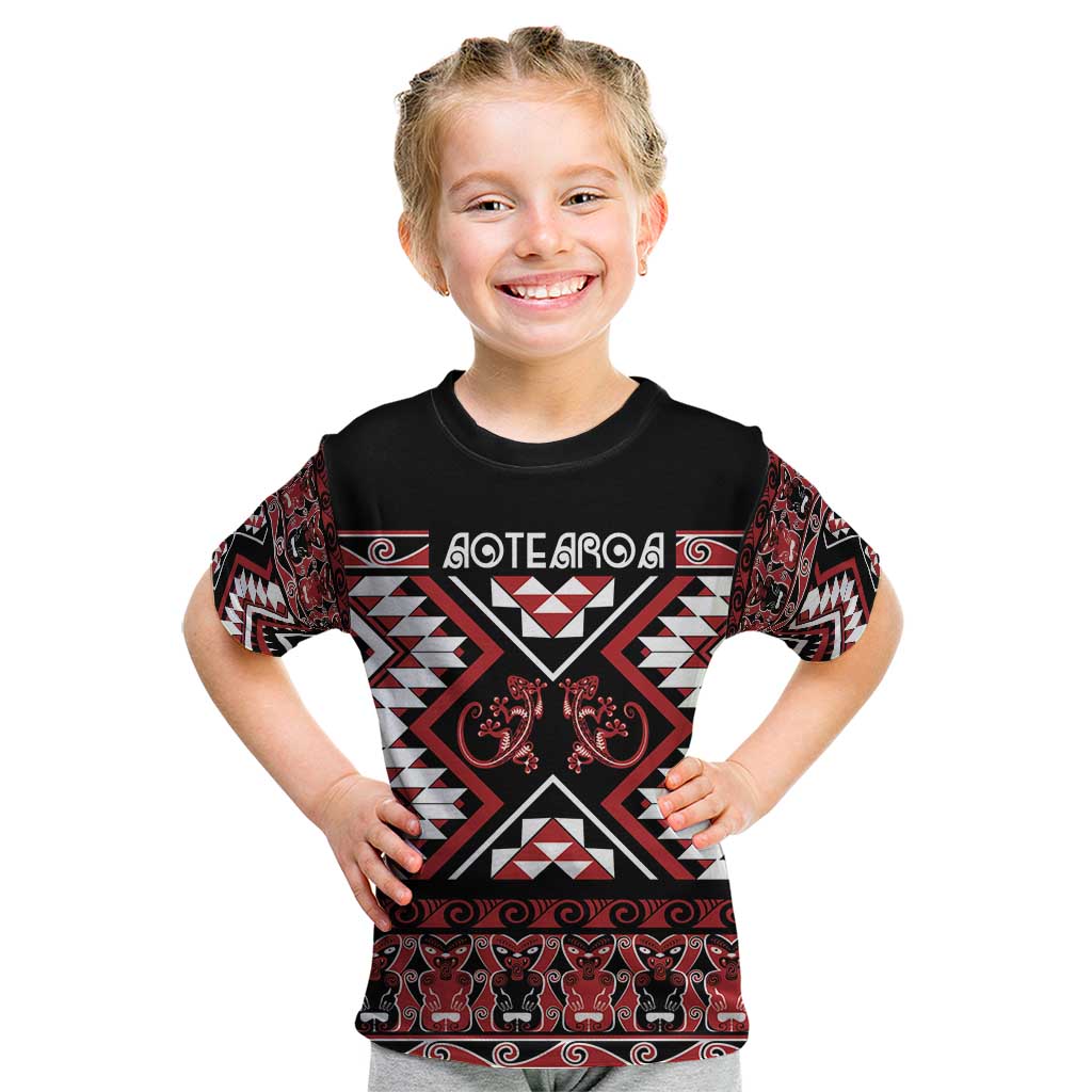 Personalised Aotearoa Waitangi Kid T Shirt Taniko Motifs - Mania Gecko - Vibe Hoodie Shop