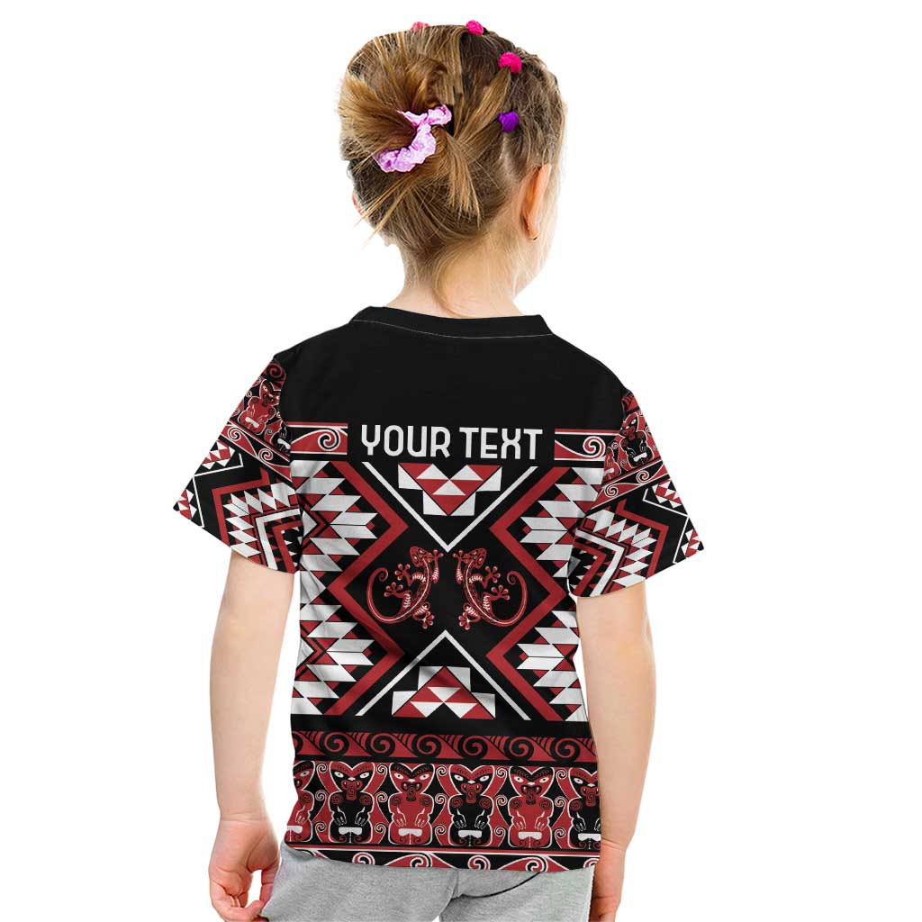 Personalised Aotearoa Waitangi Kid T Shirt Taniko Motifs - Mania Gecko - Vibe Hoodie Shop