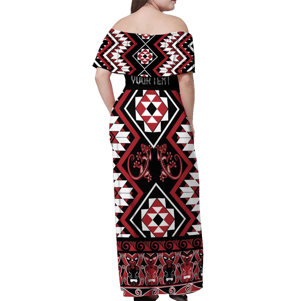 Personalised Aotearoa Waitangi Off Shoulder Maxi Dress Taniko Motifs - Mania Gecko