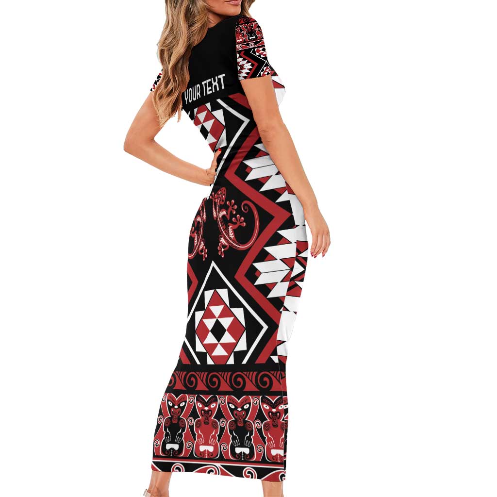 Personalised Aotearoa Waitangi Short Sleeve Bodycon Dress Taniko Motifs - Mania Gecko