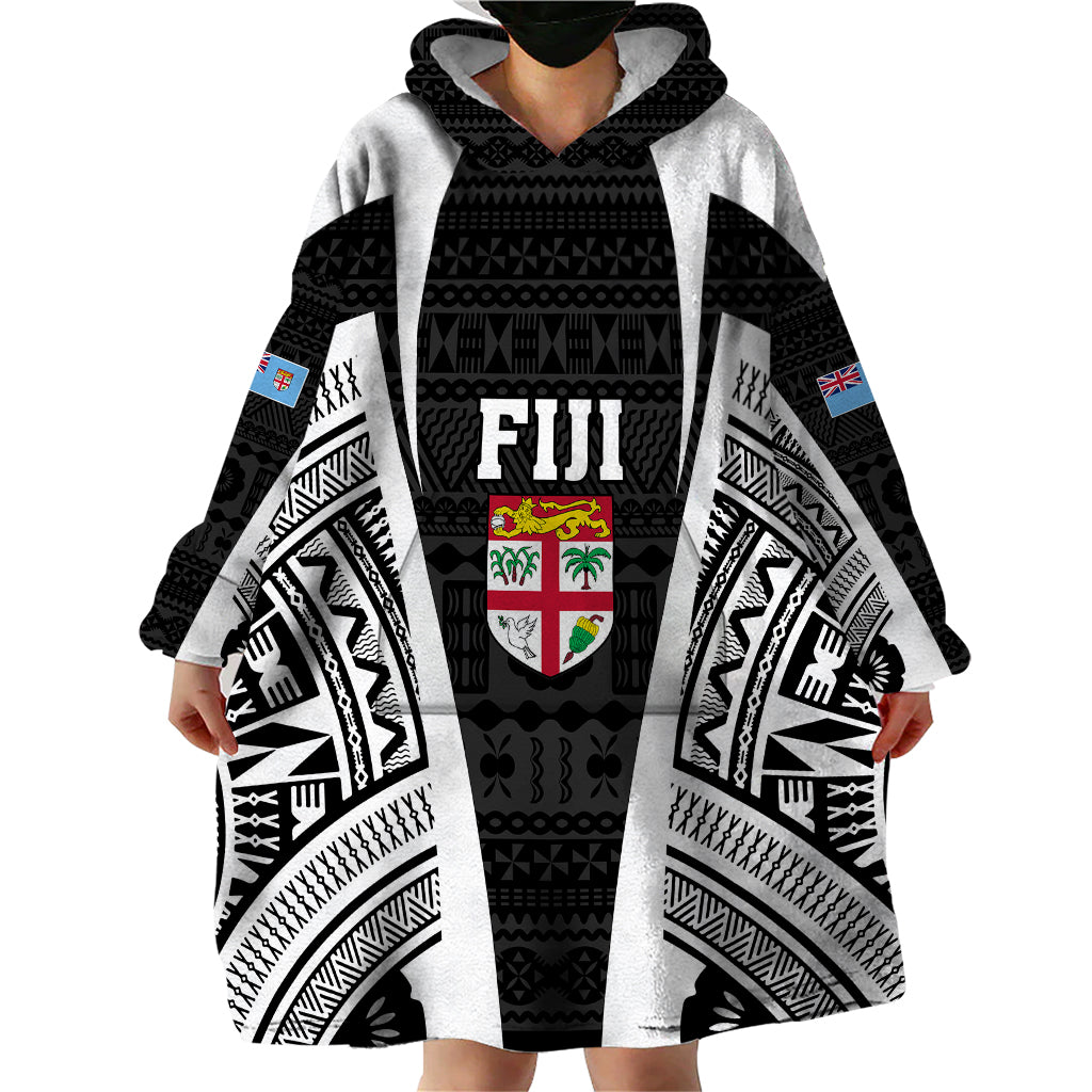 Personalised Fiji Rugby Wearable Blanket Hoodie 2023 World Cup History Makers - Black Ver - Vibe Hoodie Shop