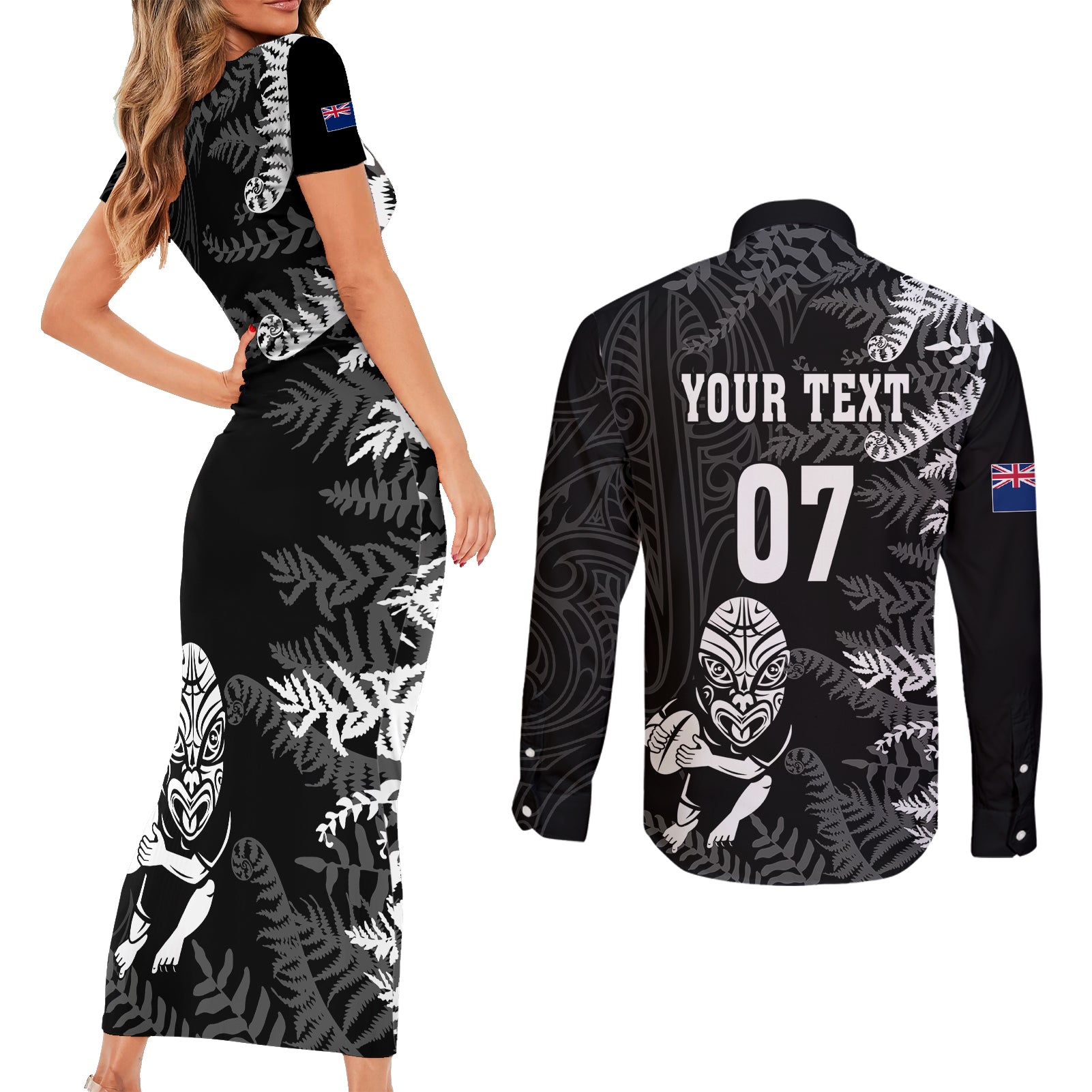 personalised-new-zealand-rugby-couples-matching-short-sleeve-bodycon-dress-and-long-sleeve-button-shirts-silver-fern-basic-2023-world-cup