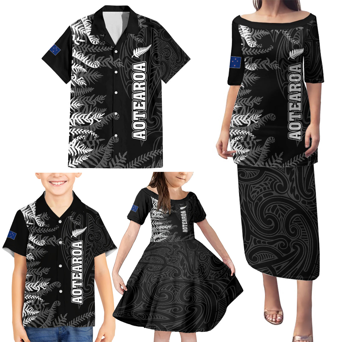 personalised-new-zealand-rugby-family-matching-puletasi-dress-and-hawaiian-shirt-silver-fern-basic-2023-world-cup
