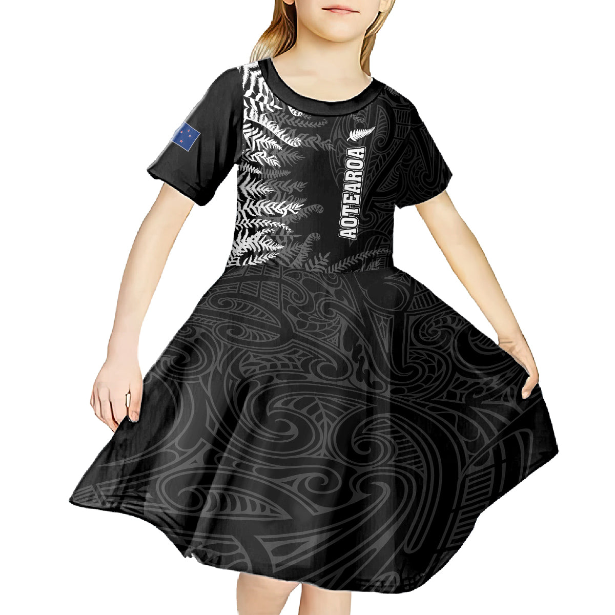 Personalised New Zealand Rugby Kid Short Sleeve Dress Silver Fern Basic 2023 World Cup - Vibe Hoodie Shop