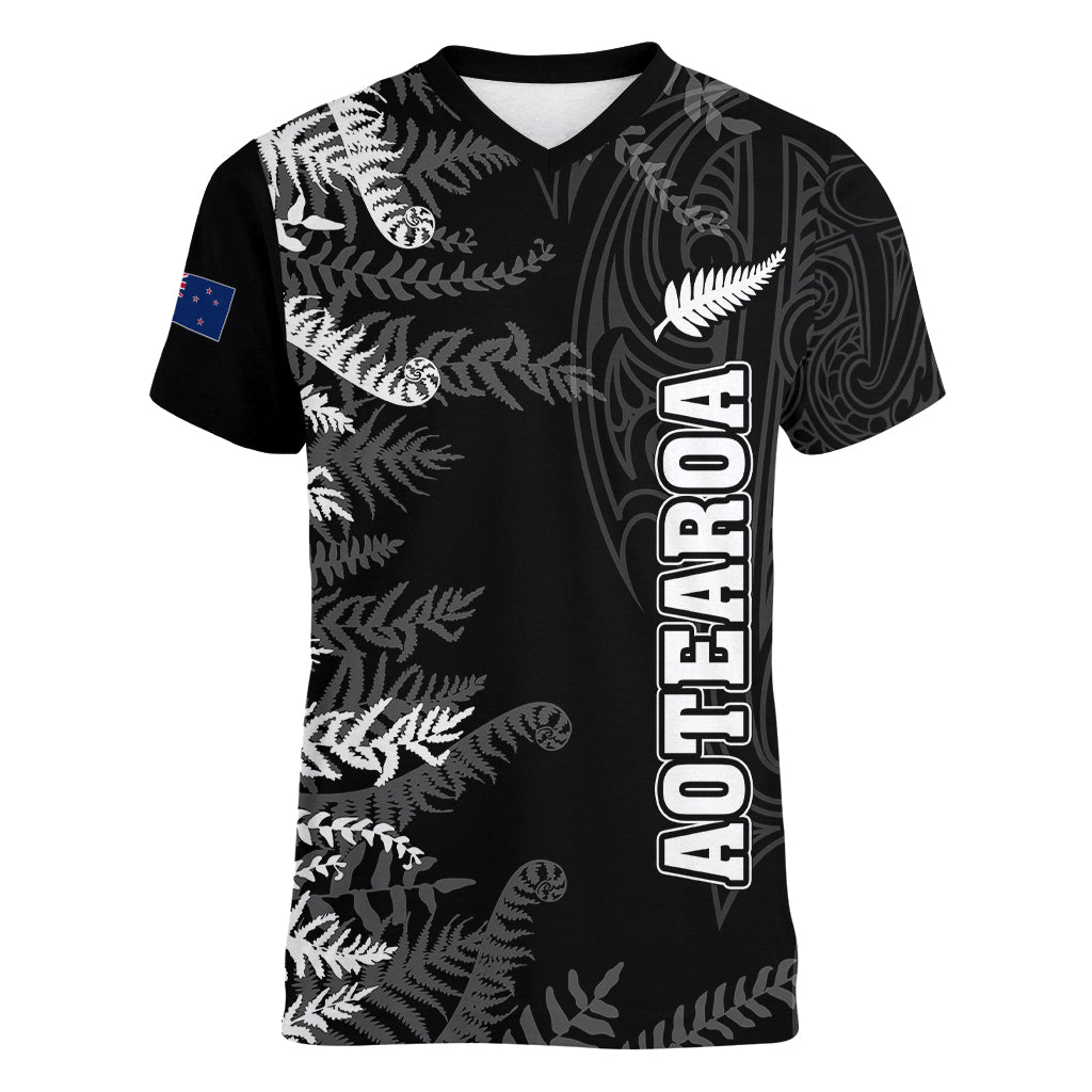 Personalised New Zealand Rugby Women V Neck T Shirt Silver Fern Basic 2023 World Cup - Vibe Hoodie Shop