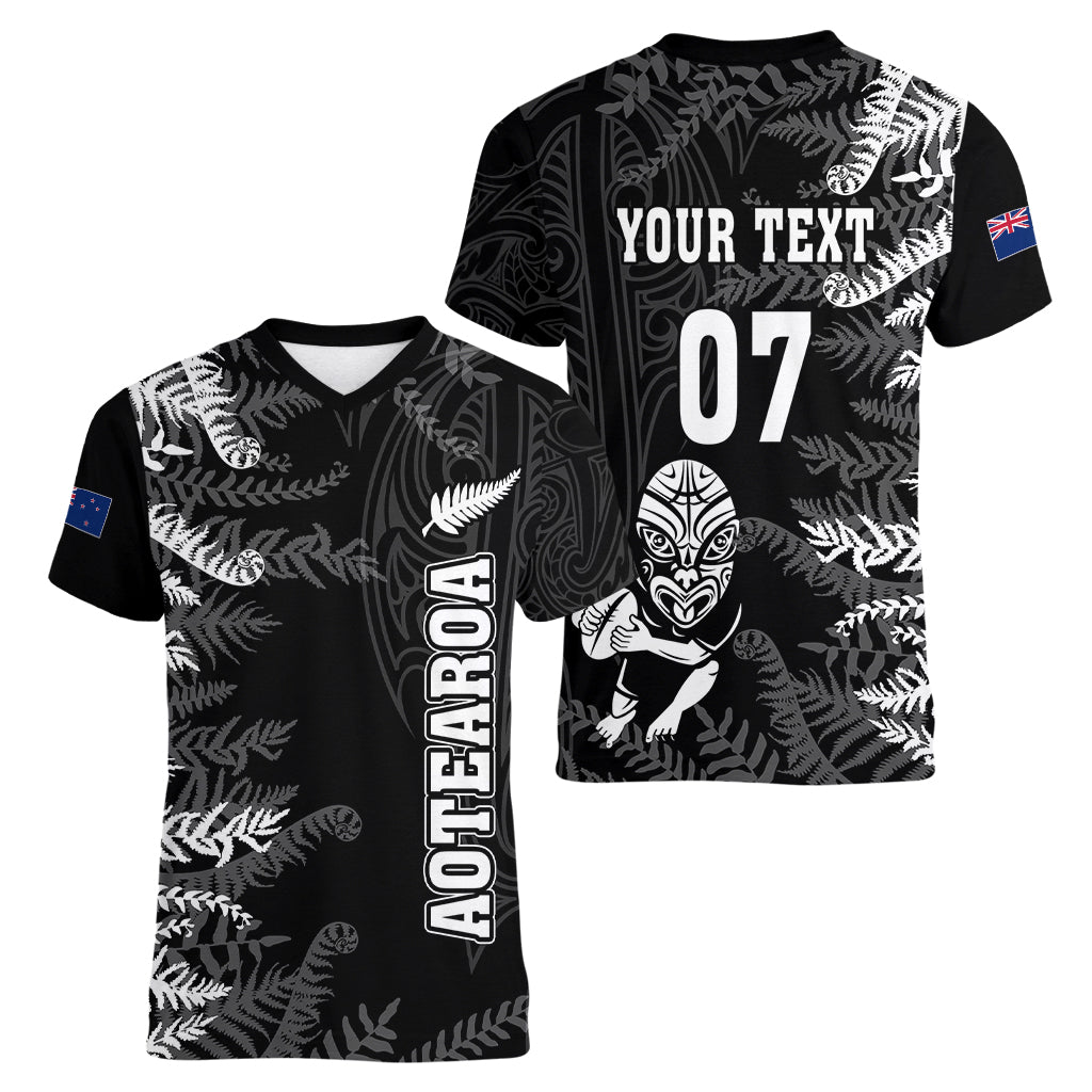 Personalised New Zealand Rugby Women V Neck T Shirt Silver Fern Basic 2023 World Cup - Vibe Hoodie Shop