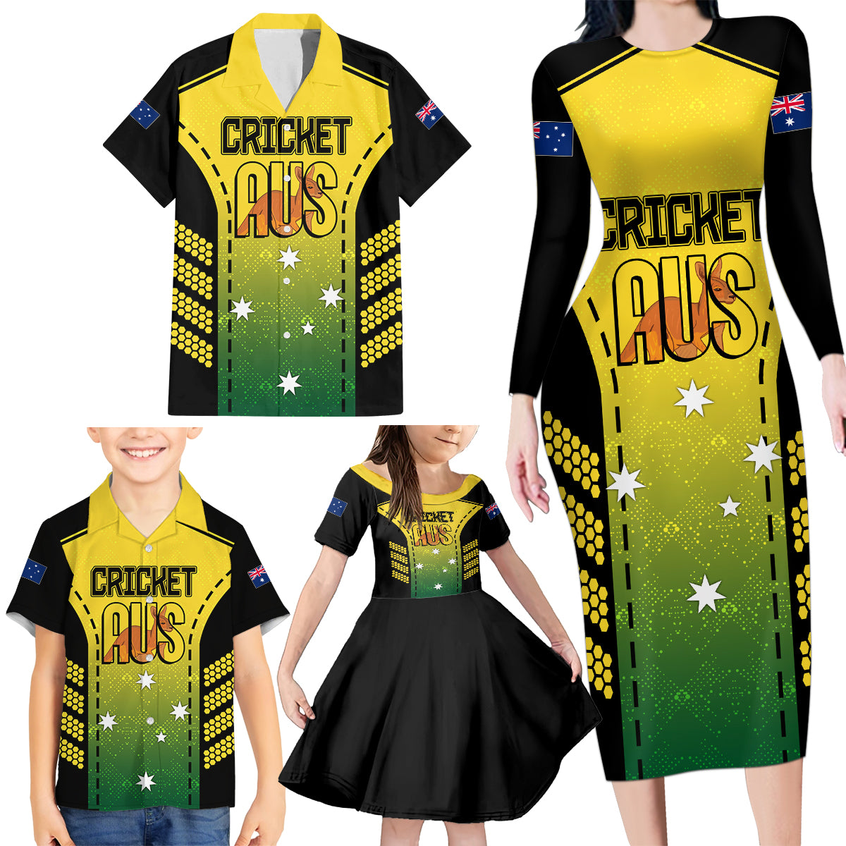 custom-australia-cricket-family-matching-long-sleeve-bodycon-dress-and-hawaiian-shirt-kangaroo-champions-2023-go-aussies