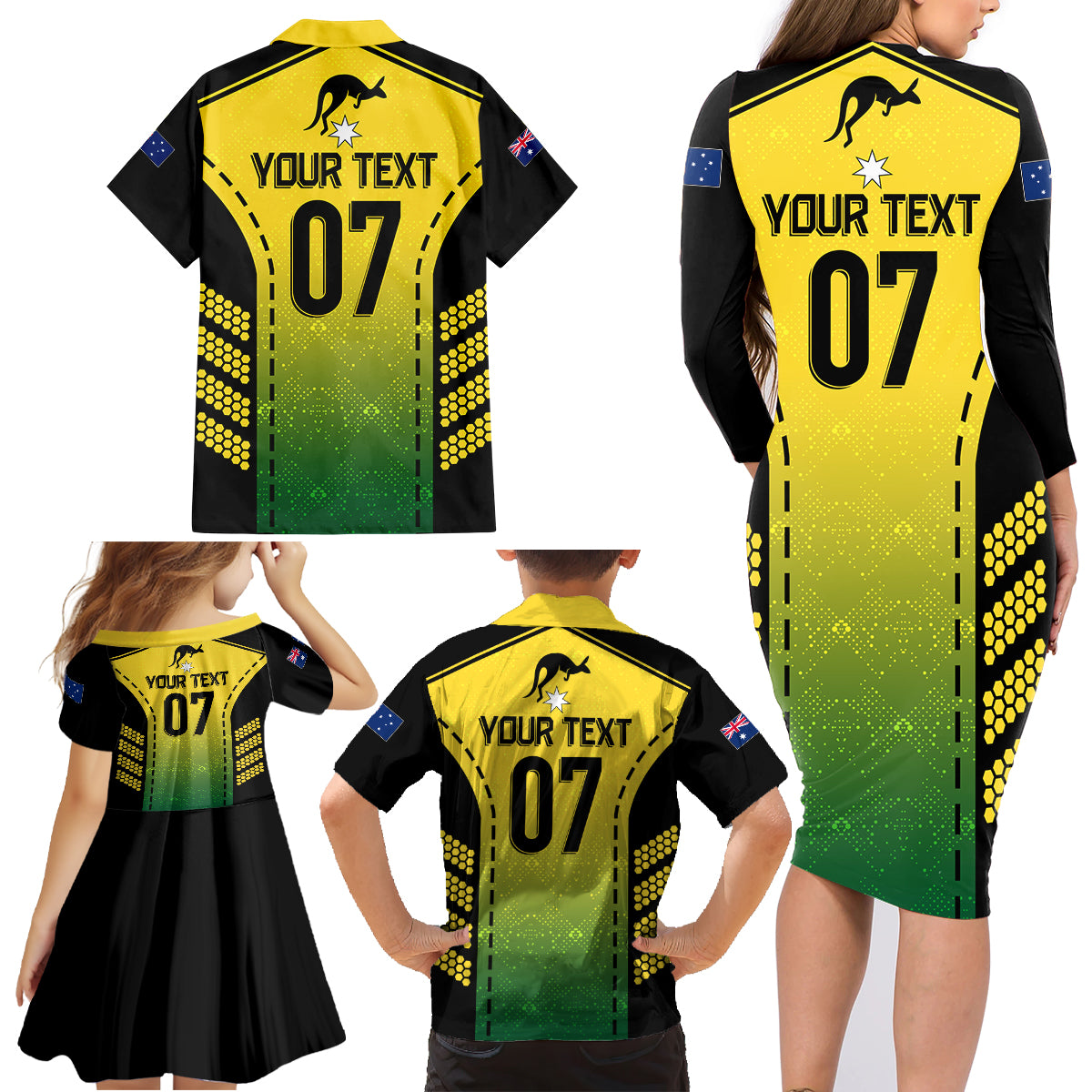 custom-australia-cricket-family-matching-long-sleeve-bodycon-dress-and-hawaiian-shirt-kangaroo-champions-2023-go-aussies