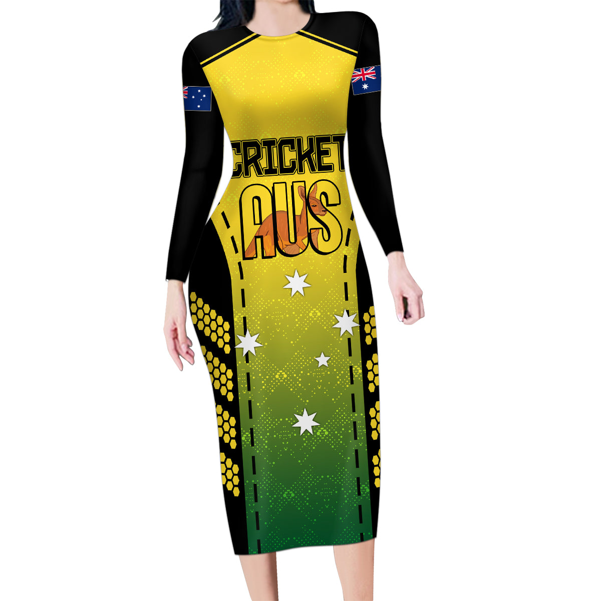 custom-australia-cricket-family-matching-long-sleeve-bodycon-dress-and-hawaiian-shirt-kangaroo-champions-2023-go-aussies