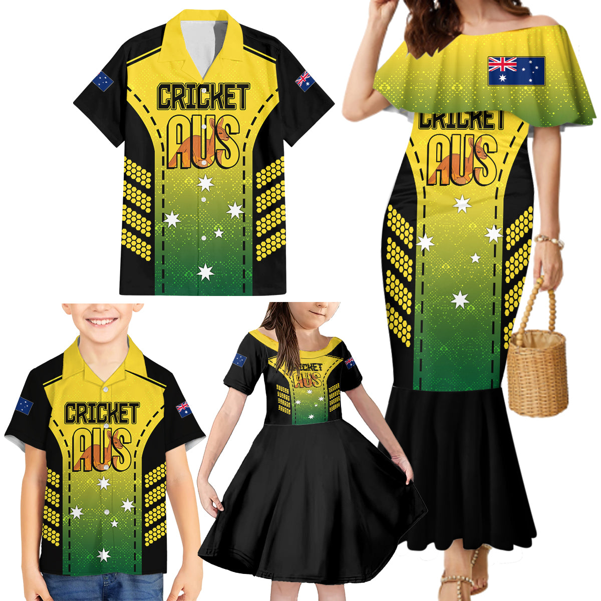 custom-australia-cricket-family-matching-mermaid-dress-and-hawaiian-shirt-kangaroo-champions-2023-go-aussies