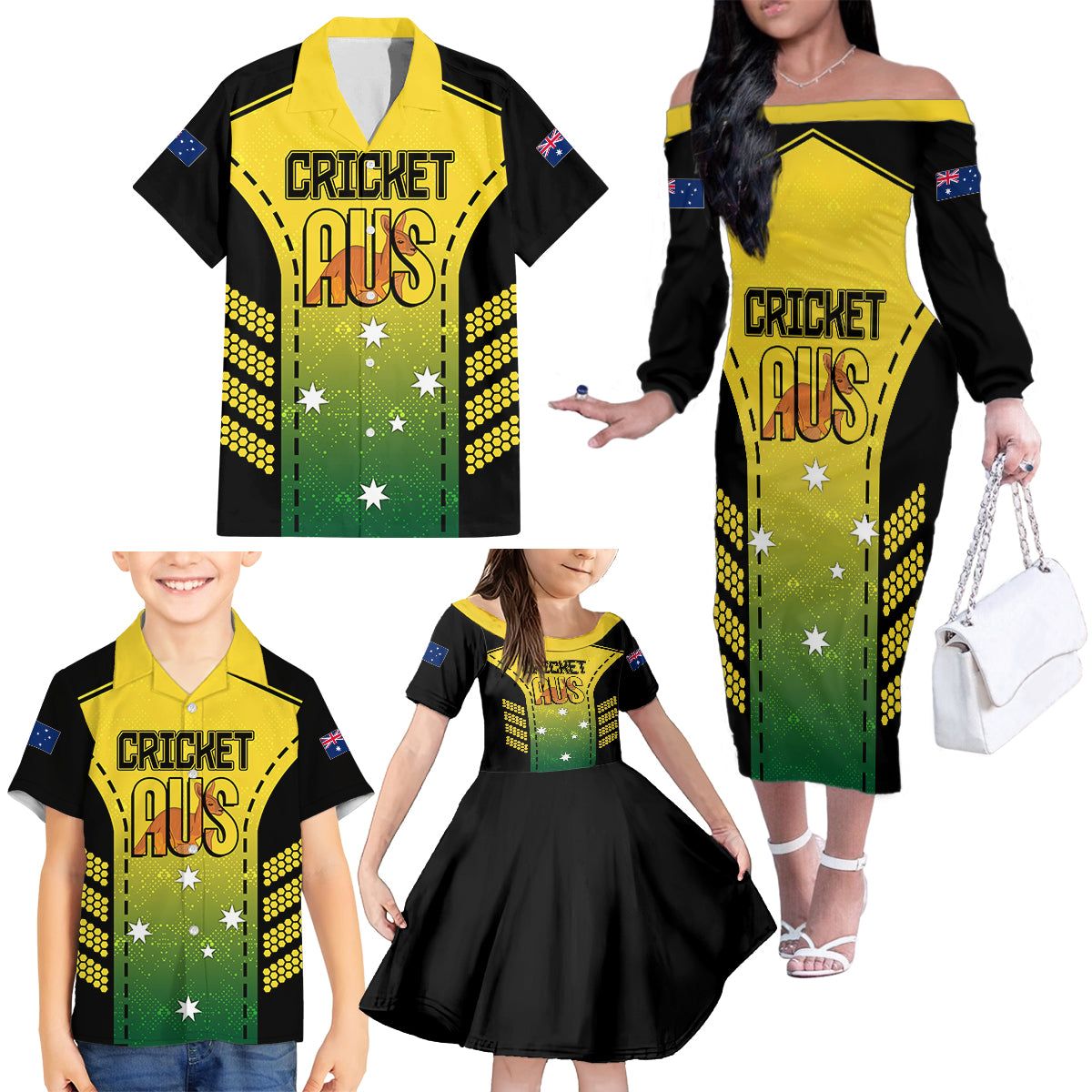 custom-australia-cricket-family-matching-off-shoulder-long-sleeve-dress-and-hawaiian-shirt-kangaroo-champions-2023-go-aussies