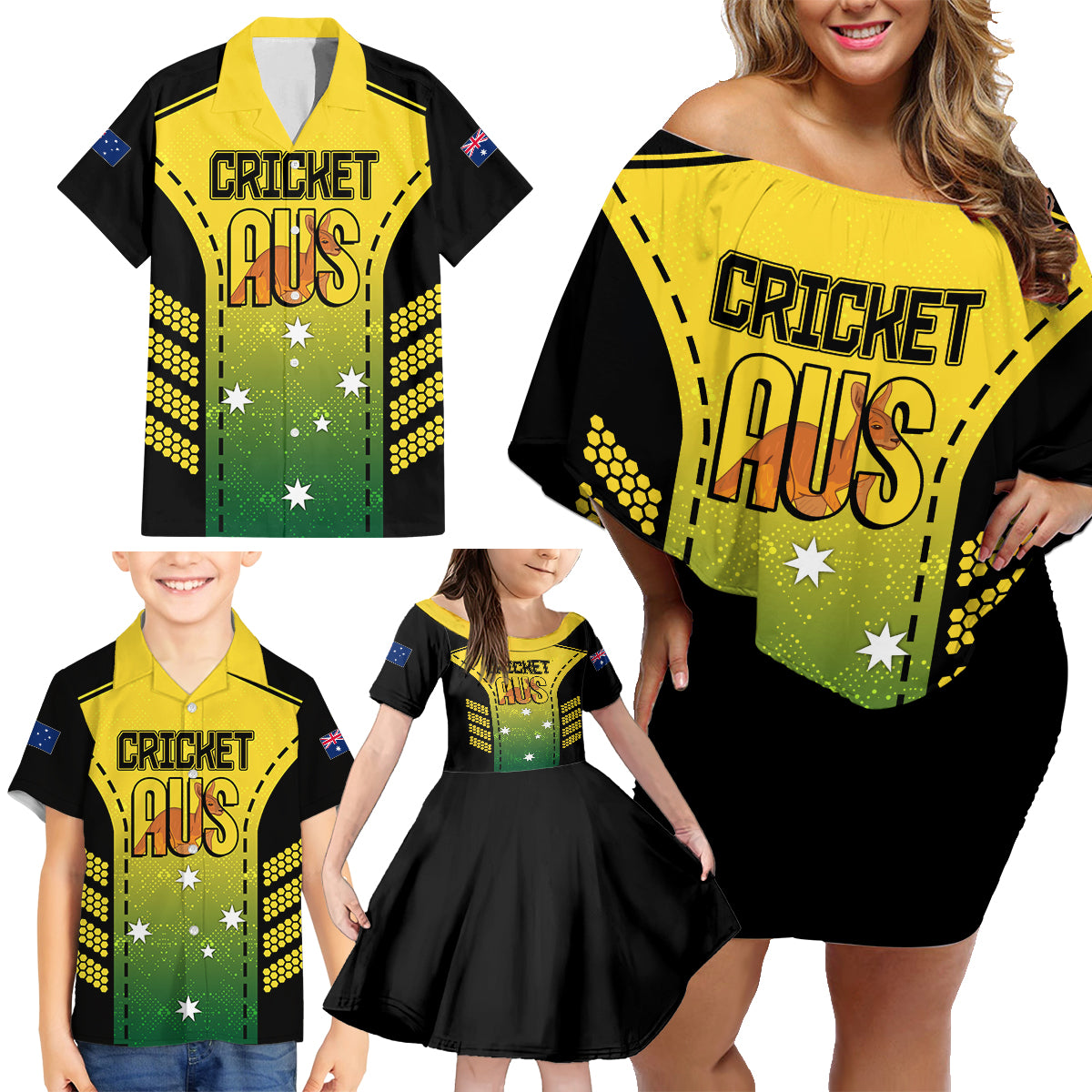 custom-australia-cricket-family-matching-off-shoulder-short-dress-and-hawaiian-shirt-kangaroo-champions-2023-go-aussies