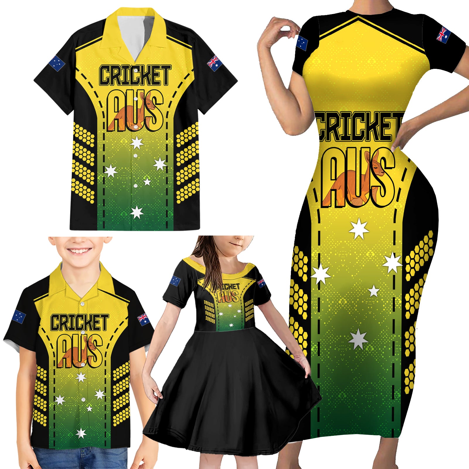 custom-australia-cricket-family-matching-short-sleeve-bodycon-dress-and-hawaiian-shirt-kangaroo-champions-2023-go-aussies