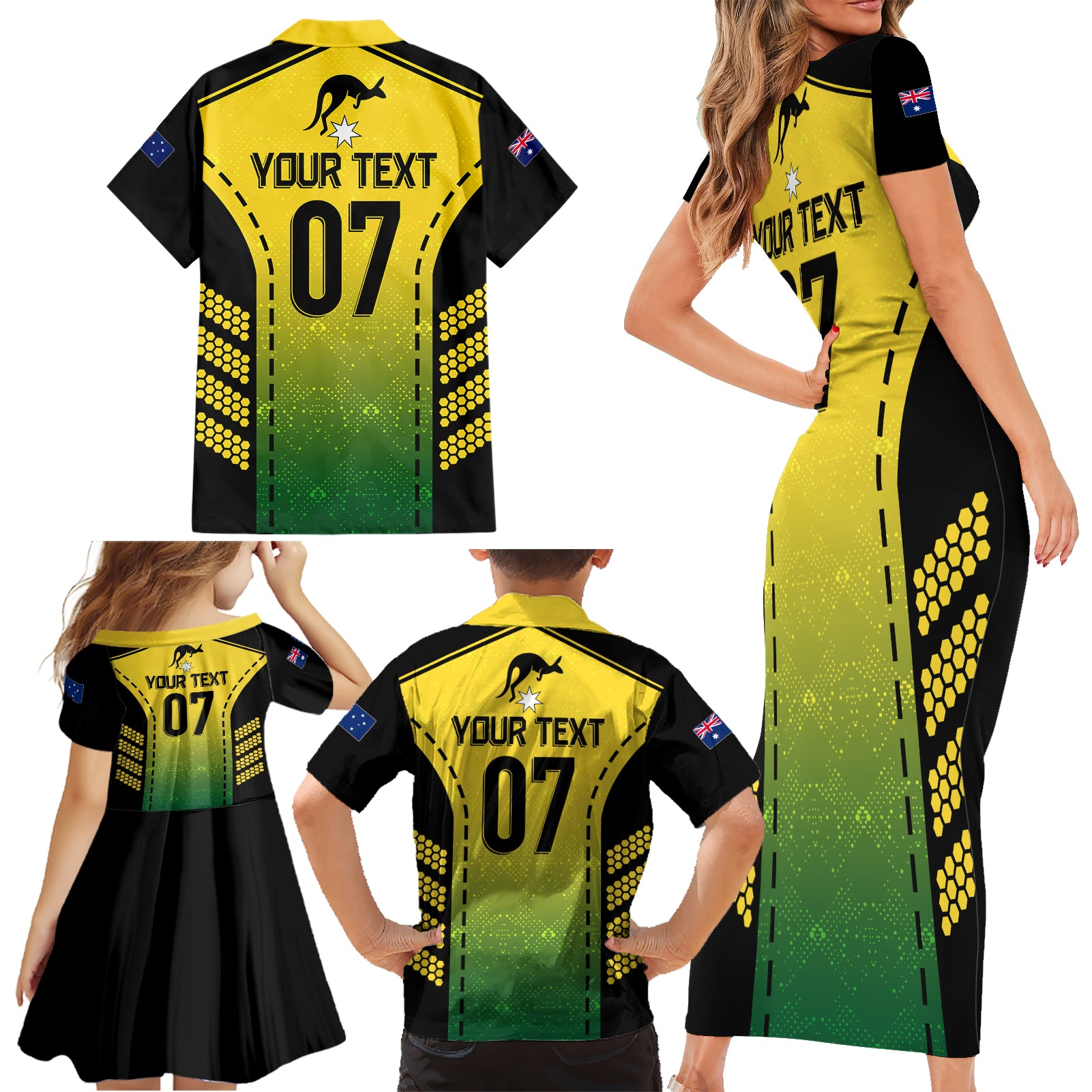 custom-australia-cricket-family-matching-short-sleeve-bodycon-dress-and-hawaiian-shirt-kangaroo-champions-2023-go-aussies