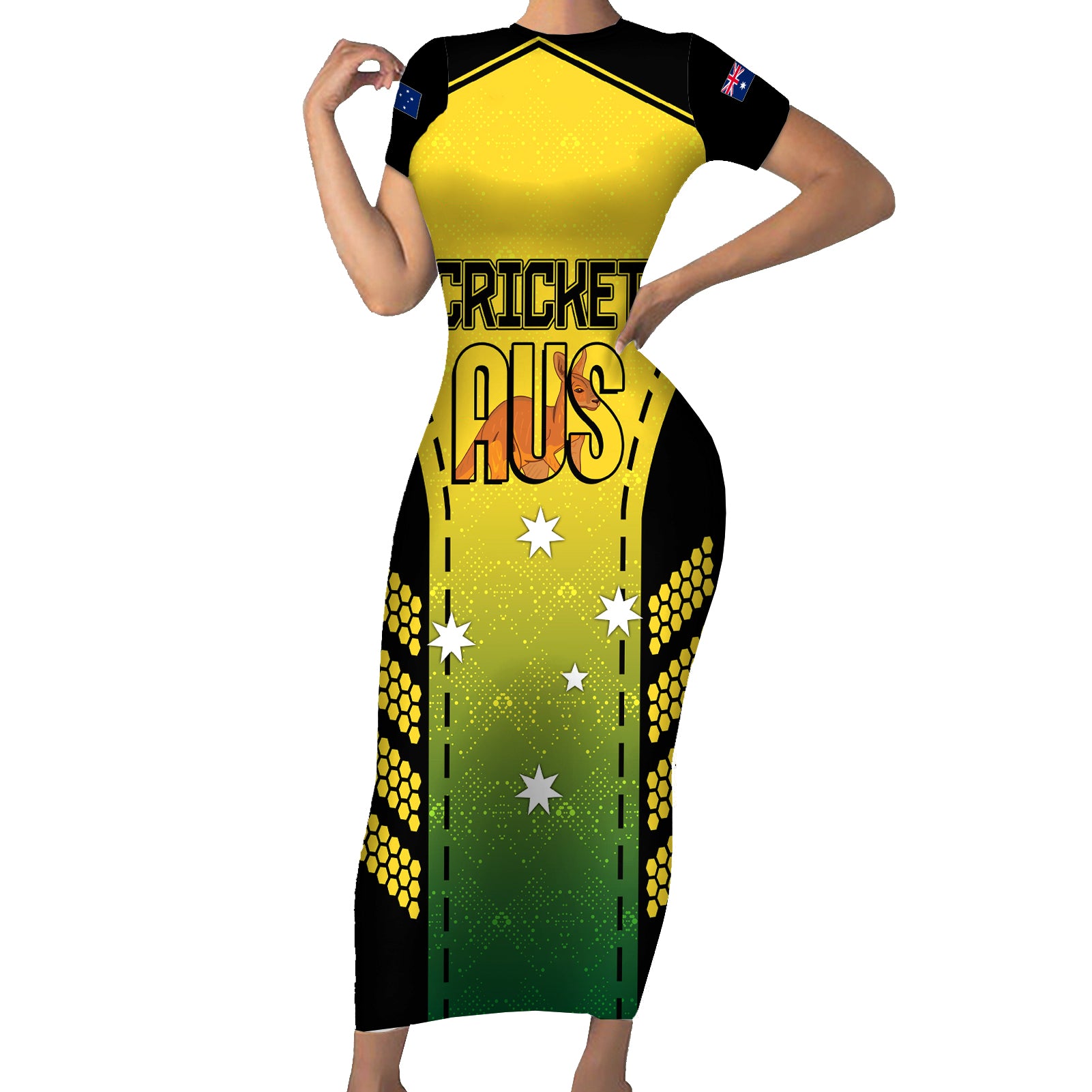 custom-australia-cricket-family-matching-short-sleeve-bodycon-dress-and-hawaiian-shirt-kangaroo-champions-2023-go-aussies