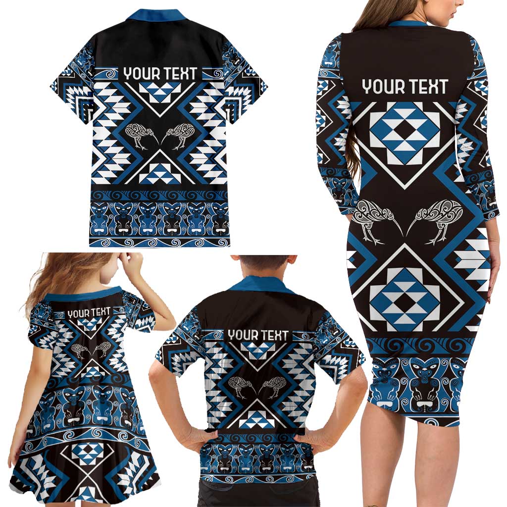 Personalised Taniko Motifs Aotearoa Family Matching Long Sleeve Bodycon Dress and Hawaiian Shirt Waitangi Kowhaiwhai Kiwi - Blue