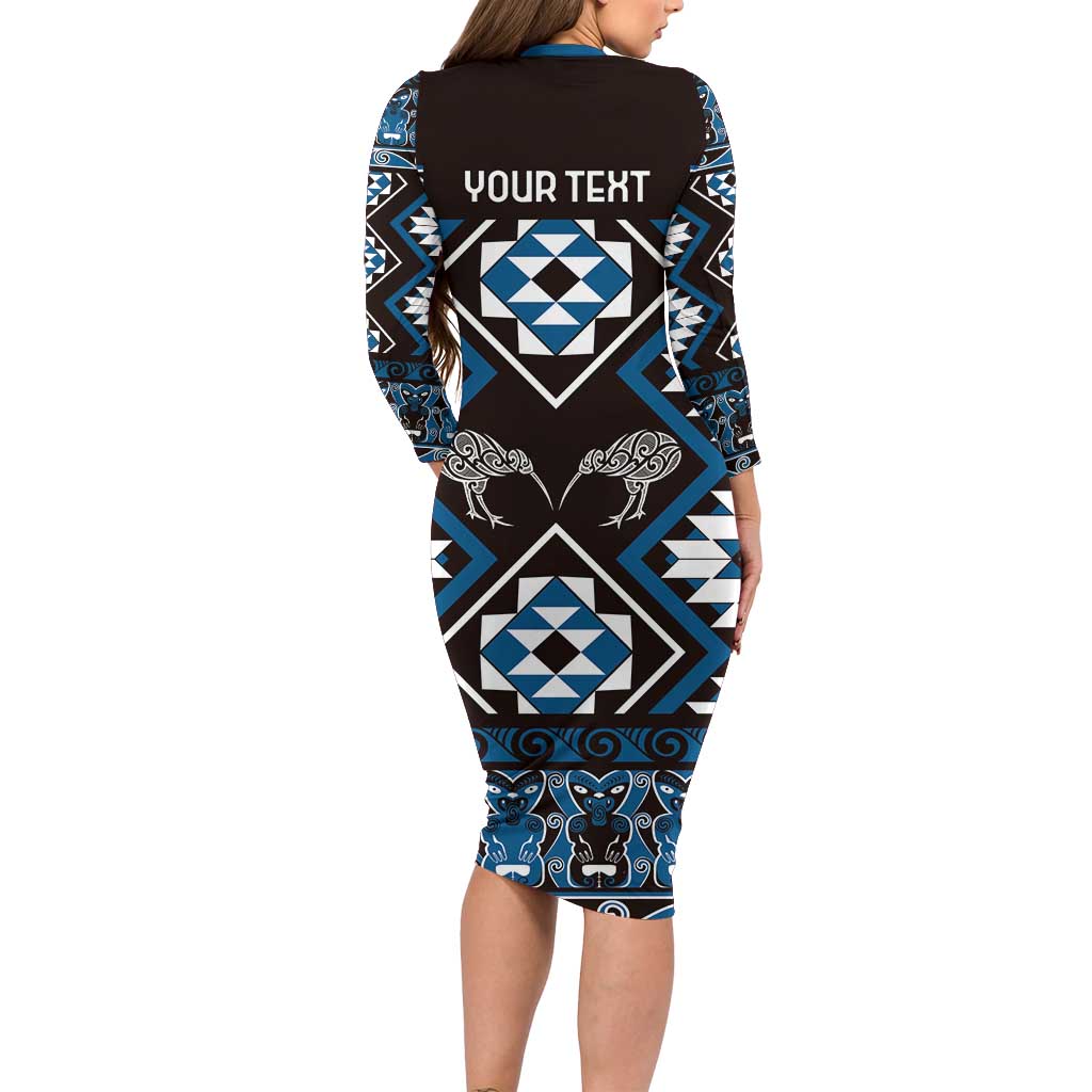 Personalised Taniko Motifs Aotearoa Family Matching Long Sleeve Bodycon Dress and Hawaiian Shirt Waitangi Kowhaiwhai Kiwi - Blue