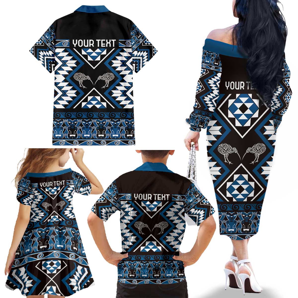 Personalised Taniko Motifs Aotearoa Family Matching Off The Shoulder Long Sleeve Dress and Hawaiian Shirt Waitangi Kowhaiwhai Kiwi - Blue