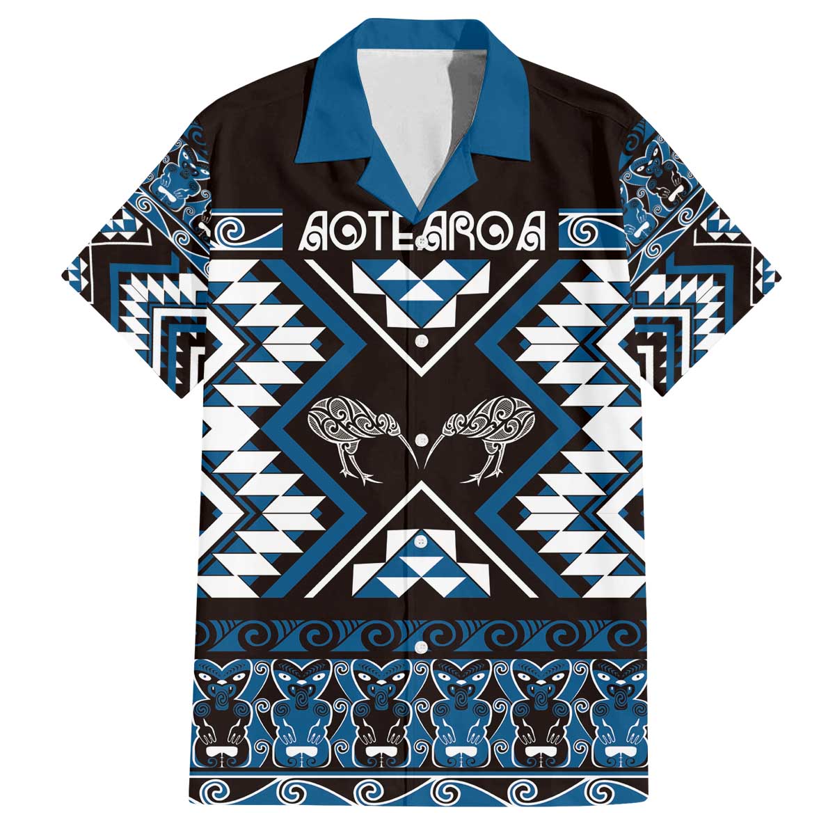 Personalised Taniko Motifs Aotearoa Family Matching Off The Shoulder Long Sleeve Dress and Hawaiian Shirt Waitangi Kowhaiwhai Kiwi - Blue