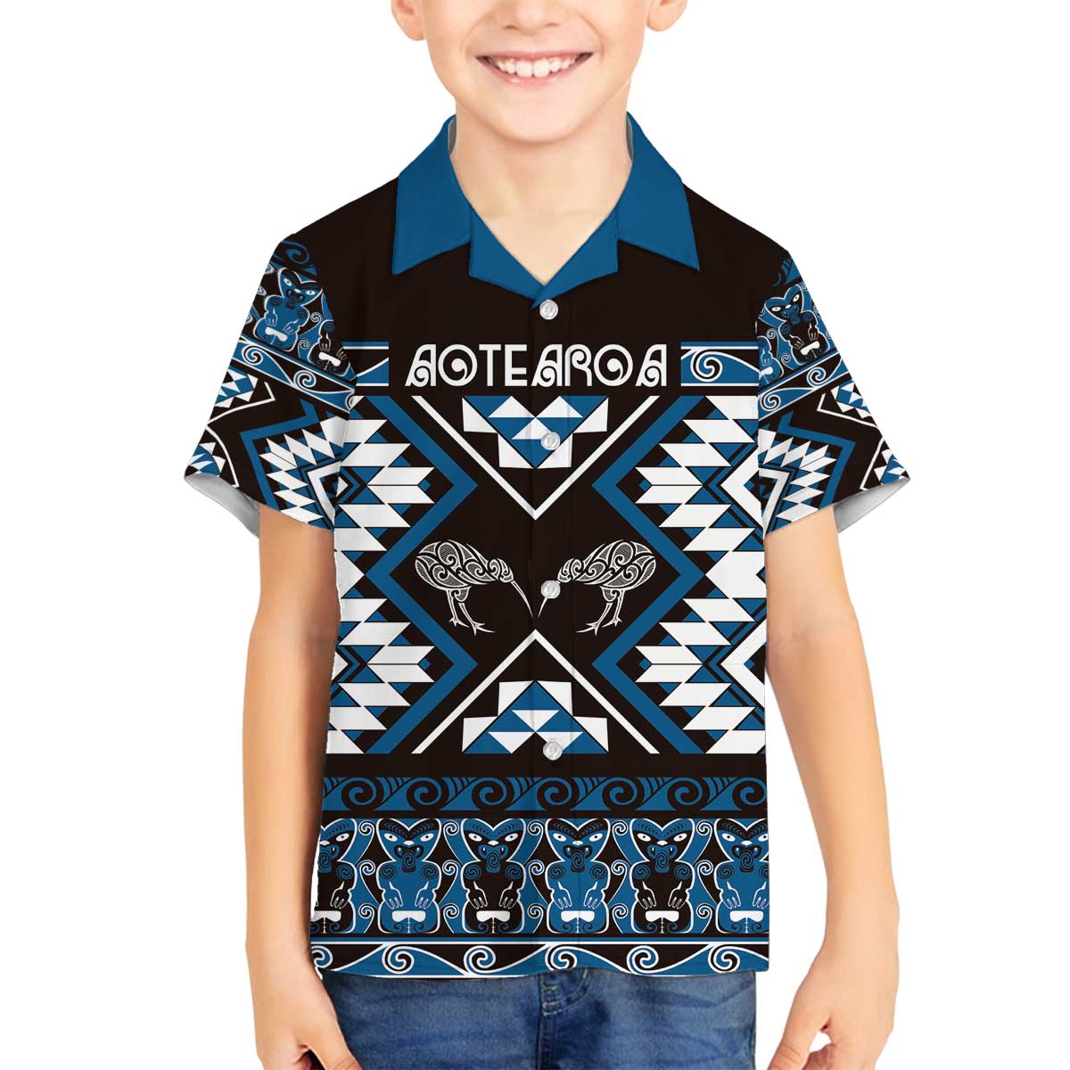 Personalised Taniko Motifs Aotearoa Family Matching Off The Shoulder Long Sleeve Dress and Hawaiian Shirt Waitangi Kowhaiwhai Kiwi - Blue