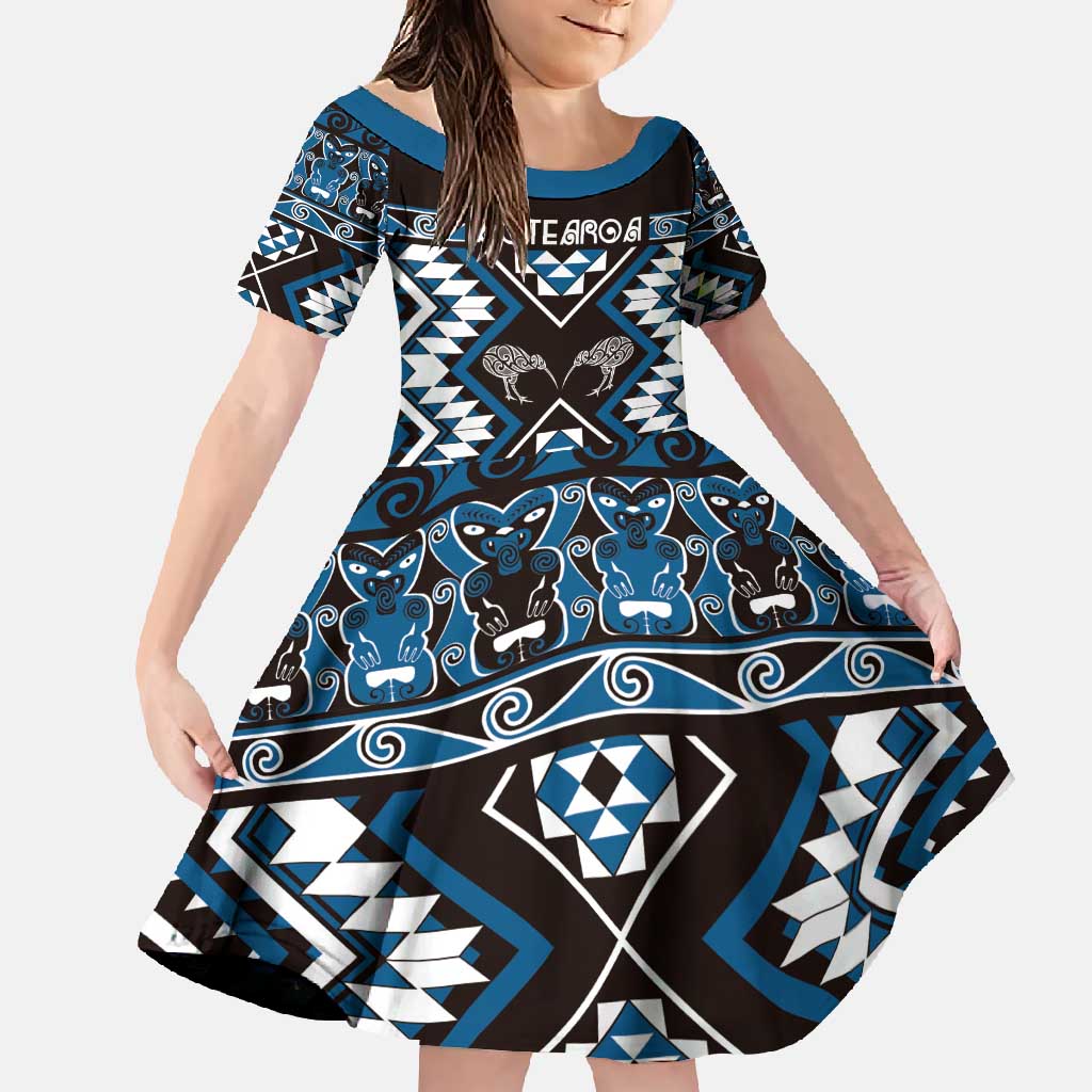 Personalised Taniko Motifs Aotearoa Family Matching Off Shoulder Maxi Dress and Hawaiian Shirt Waitangi Kowhaiwhai Kiwi - Blue