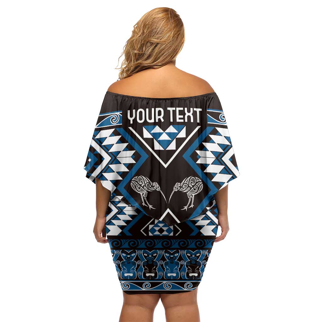 Personalised Taniko Motifs Aotearoa Family Matching Off Shoulder Short Dress and Hawaiian Shirt Waitangi Kowhaiwhai Kiwi - Blue