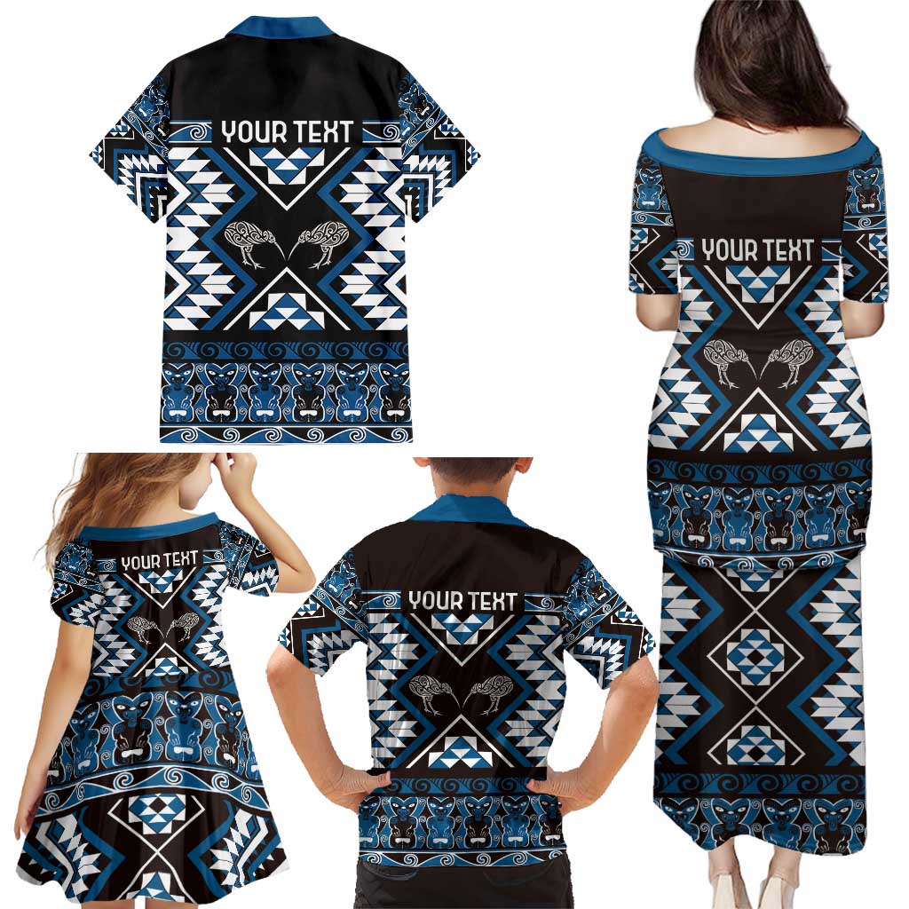 Personalised Taniko Motifs Aotearoa Family Matching Puletasi and Hawaiian Shirt Waitangi Kowhaiwhai Kiwi - Blue