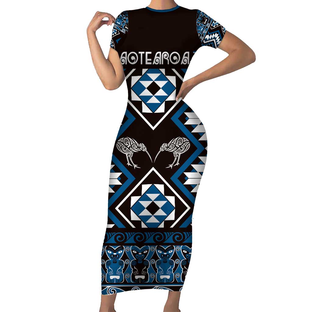 Personalised Taniko Motifs Aotearoa Family Matching Short Sleeve Bodycon Dress and Hawaiian Shirt Waitangi Kowhaiwhai Kiwi - Blue