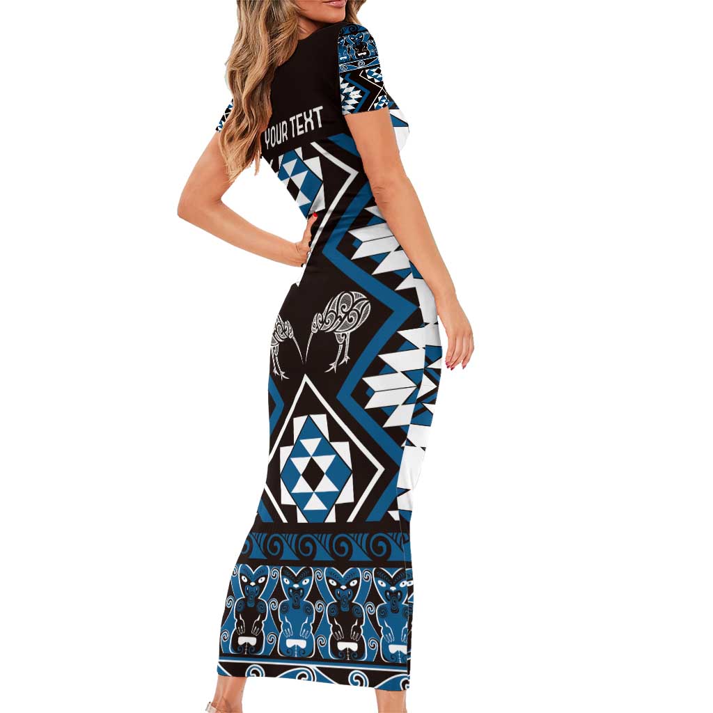 Personalised Taniko Motifs Aotearoa Family Matching Short Sleeve Bodycon Dress and Hawaiian Shirt Waitangi Kowhaiwhai Kiwi - Blue