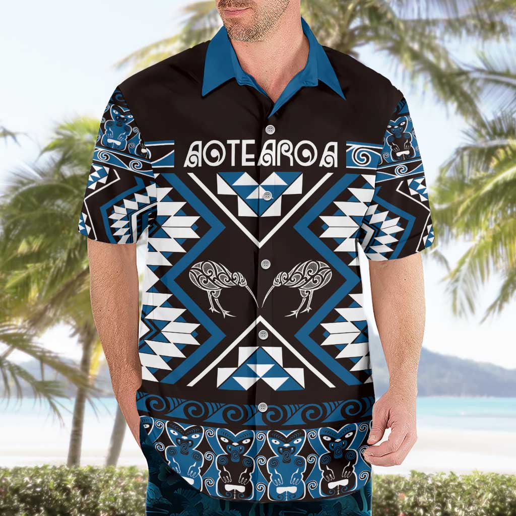 Personalised Taniko Motifs Aotearoa Hawaiian Shirt Waitangi Kowhaiwhai Kiwi - Blue - Vibe Hoodie Shop