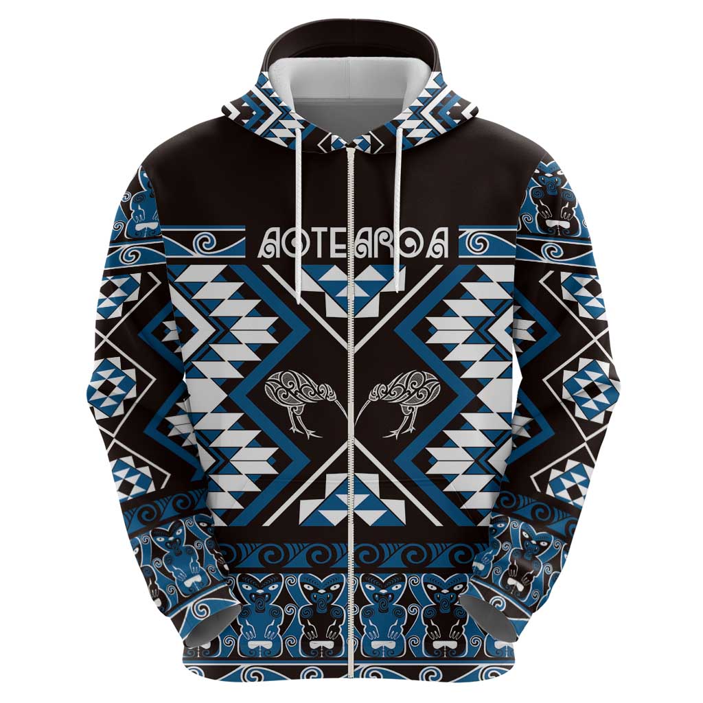 Personalised Taniko Motifs Aotearoa Hoodie Waitangi Kowhaiwhai Kiwi - Blue LT7 - Vibe Hoodie Shop