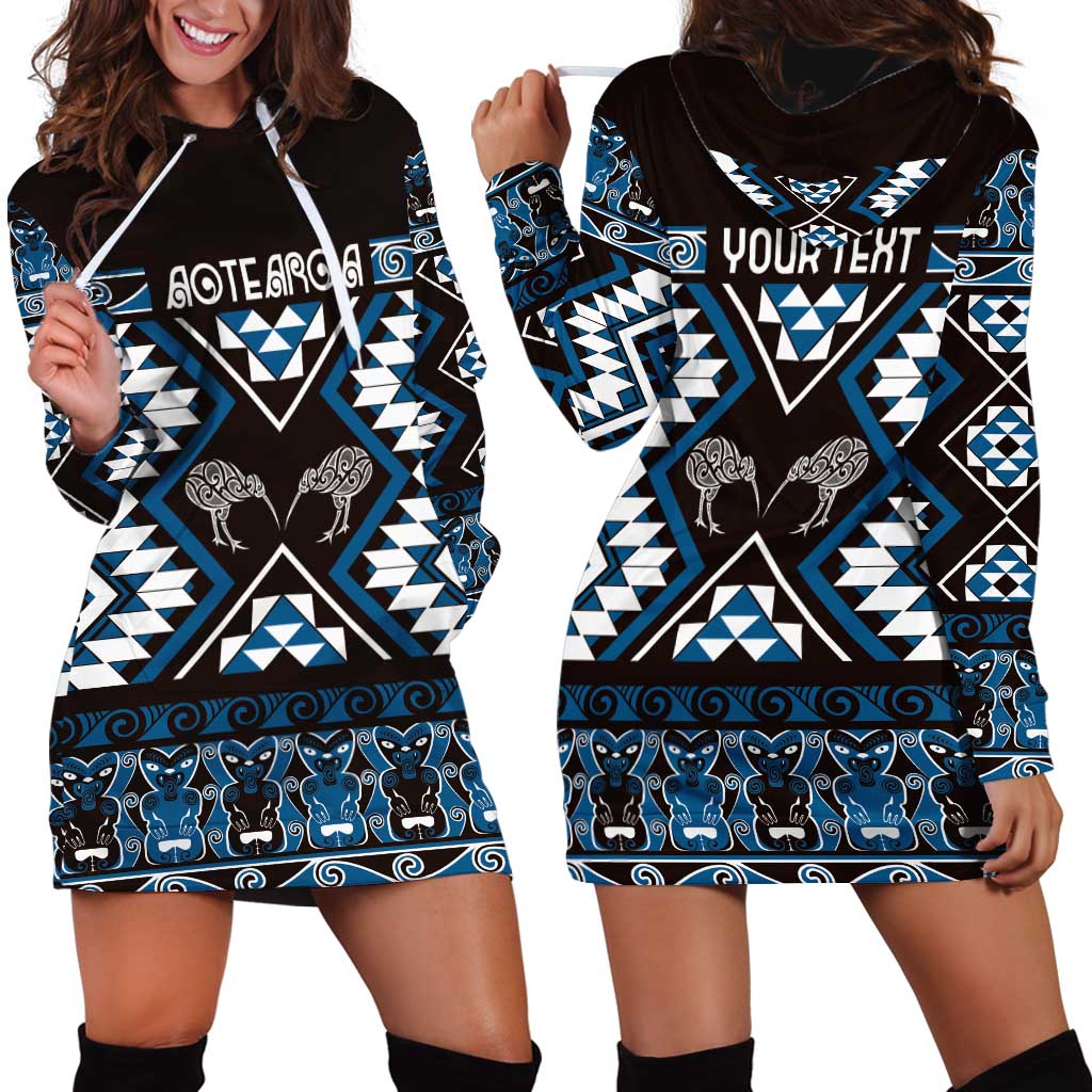 Personalised Taniko Motifs Aotearoa Hoodie Dress Waitangi Kowhaiwhai Kiwi - Blue - Vibe Hoodie Shop