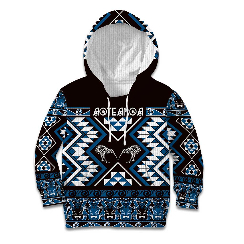 Personalised Taniko Motifs Aotearoa Kid Hoodie Waitangi Kowhaiwhai Kiwi - Blue - Vibe Hoodie Shop