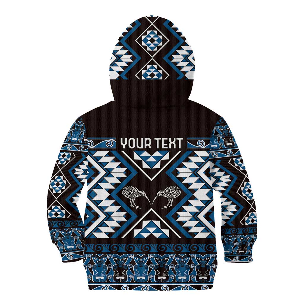 Personalised Taniko Motifs Aotearoa Kid Hoodie Waitangi Kowhaiwhai Kiwi - Blue - Vibe Hoodie Shop