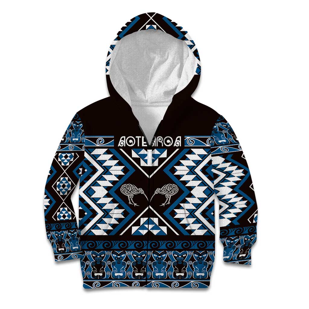 Personalised Taniko Motifs Aotearoa Kid Hoodie Waitangi Kowhaiwhai Kiwi - Blue - Vibe Hoodie Shop