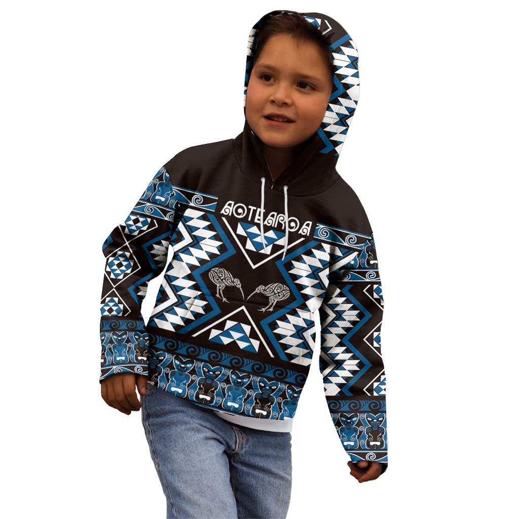 Personalised Taniko Motifs Aotearoa Kid Hoodie Waitangi Kowhaiwhai Kiwi - Blue - Vibe Hoodie Shop