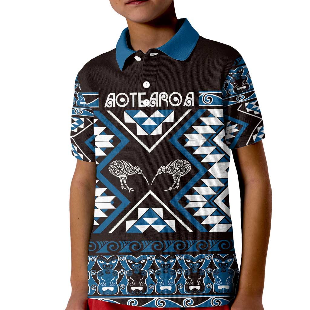 Personalised Taniko Motifs Aotearoa Kid Polo Shirt Waitangi Kowhaiwhai Kiwi - Blue - Vibe Hoodie Shop