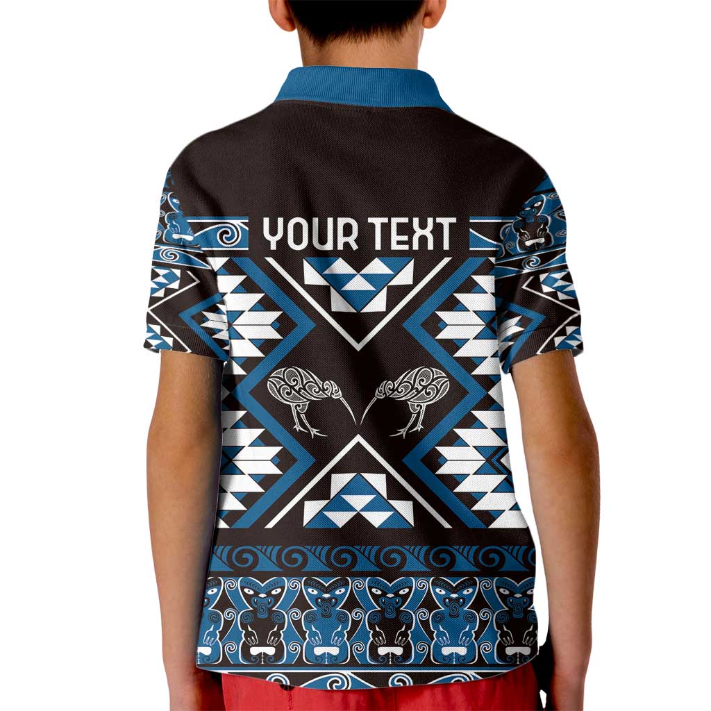 Personalised Taniko Motifs Aotearoa Kid Polo Shirt Waitangi Kowhaiwhai Kiwi - Blue - Vibe Hoodie Shop