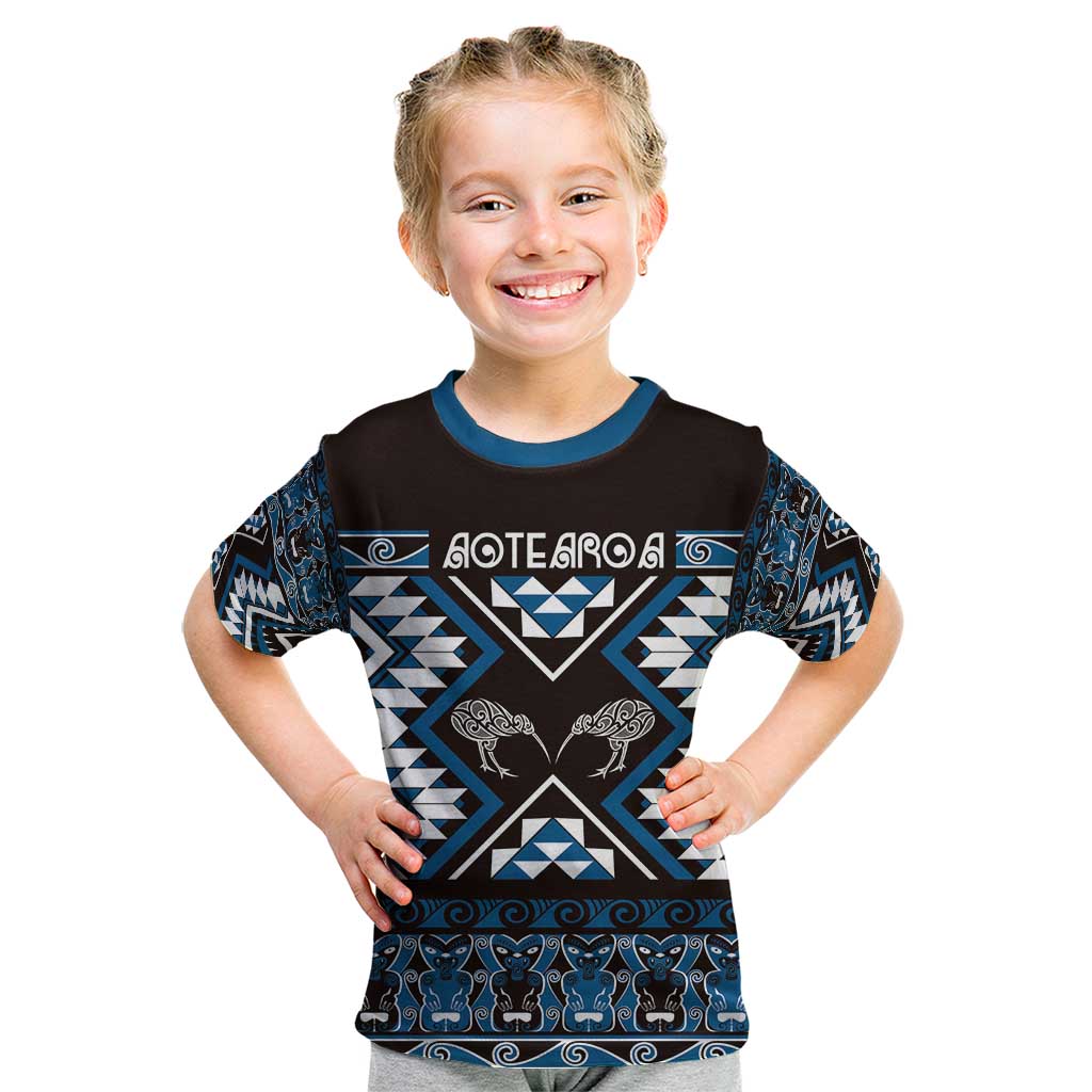 Personalised Taniko Motifs Aotearoa Kid T Shirt Waitangi Kowhaiwhai Kiwi - Blue - Vibe Hoodie Shop