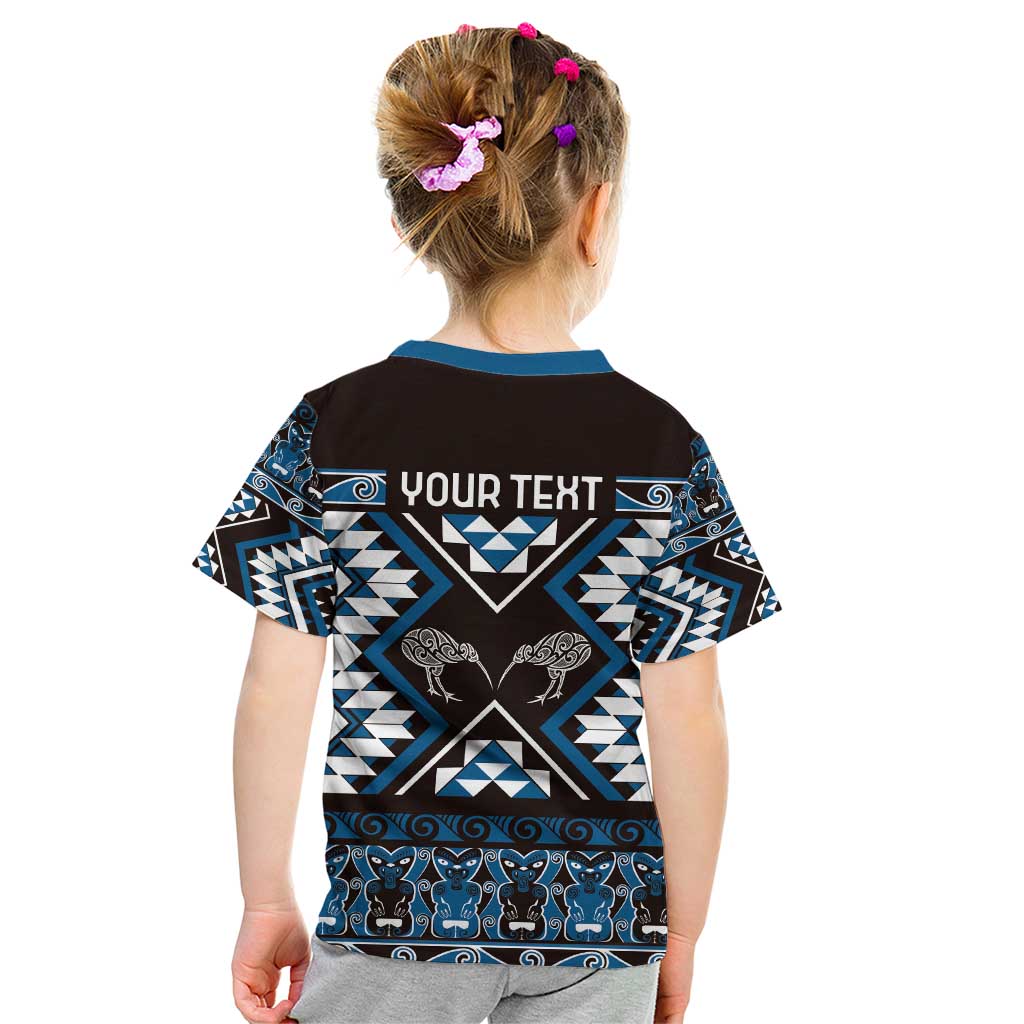 Personalised Taniko Motifs Aotearoa Kid T Shirt Waitangi Kowhaiwhai Kiwi - Blue - Vibe Hoodie Shop