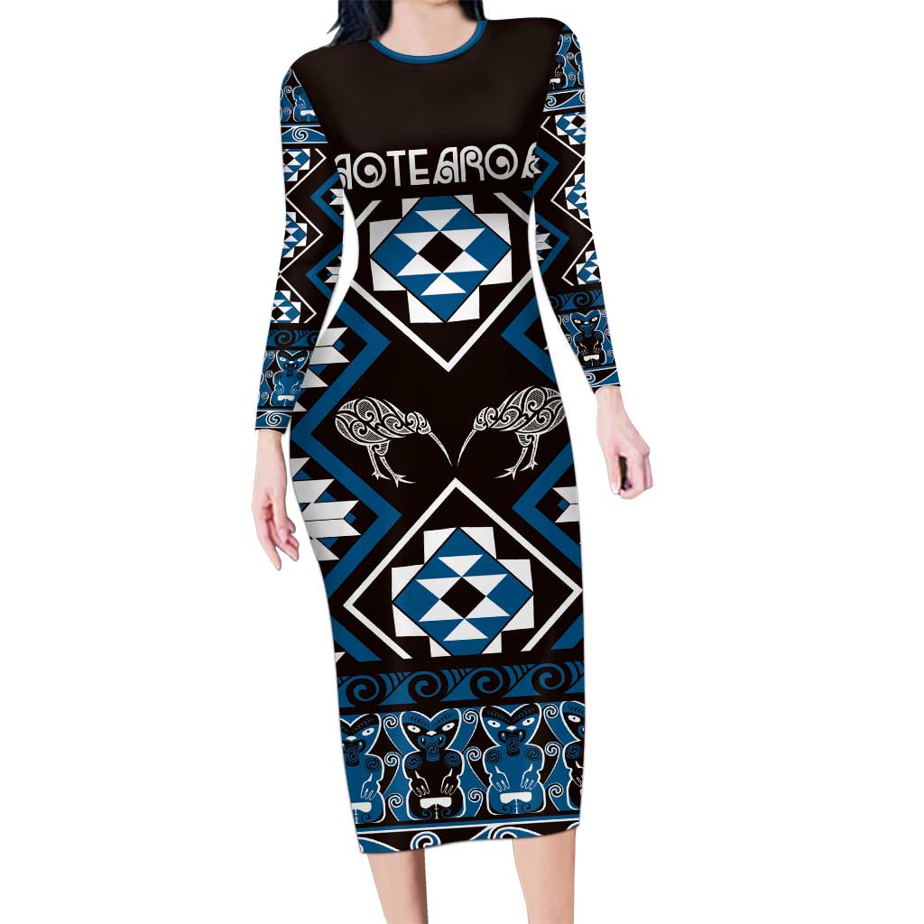 Personalised Taniko Motifs Aotearoa Long Sleeve Bodycon Dress Waitangi Kowhaiwhai Kiwi - Blue