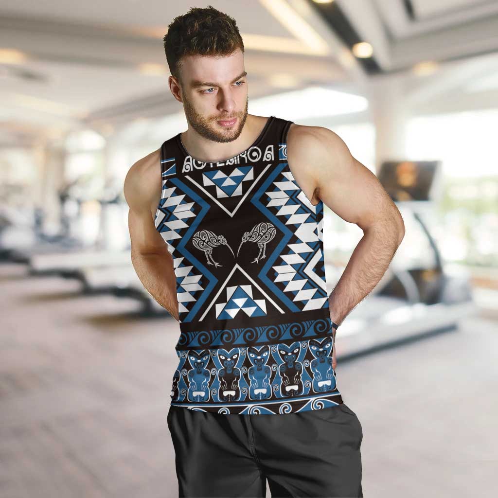 Personalised Taniko Motifs Aotearoa Men Tank Top Waitangi Kowhaiwhai Kiwi - Blue - Vibe Hoodie Shop