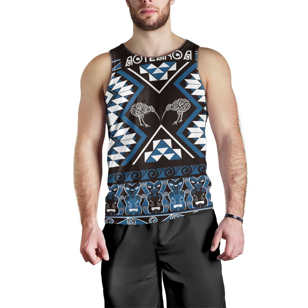 Personalised Taniko Motifs Aotearoa Men Tank Top Waitangi Kowhaiwhai Kiwi - Blue - Vibe Hoodie Shop