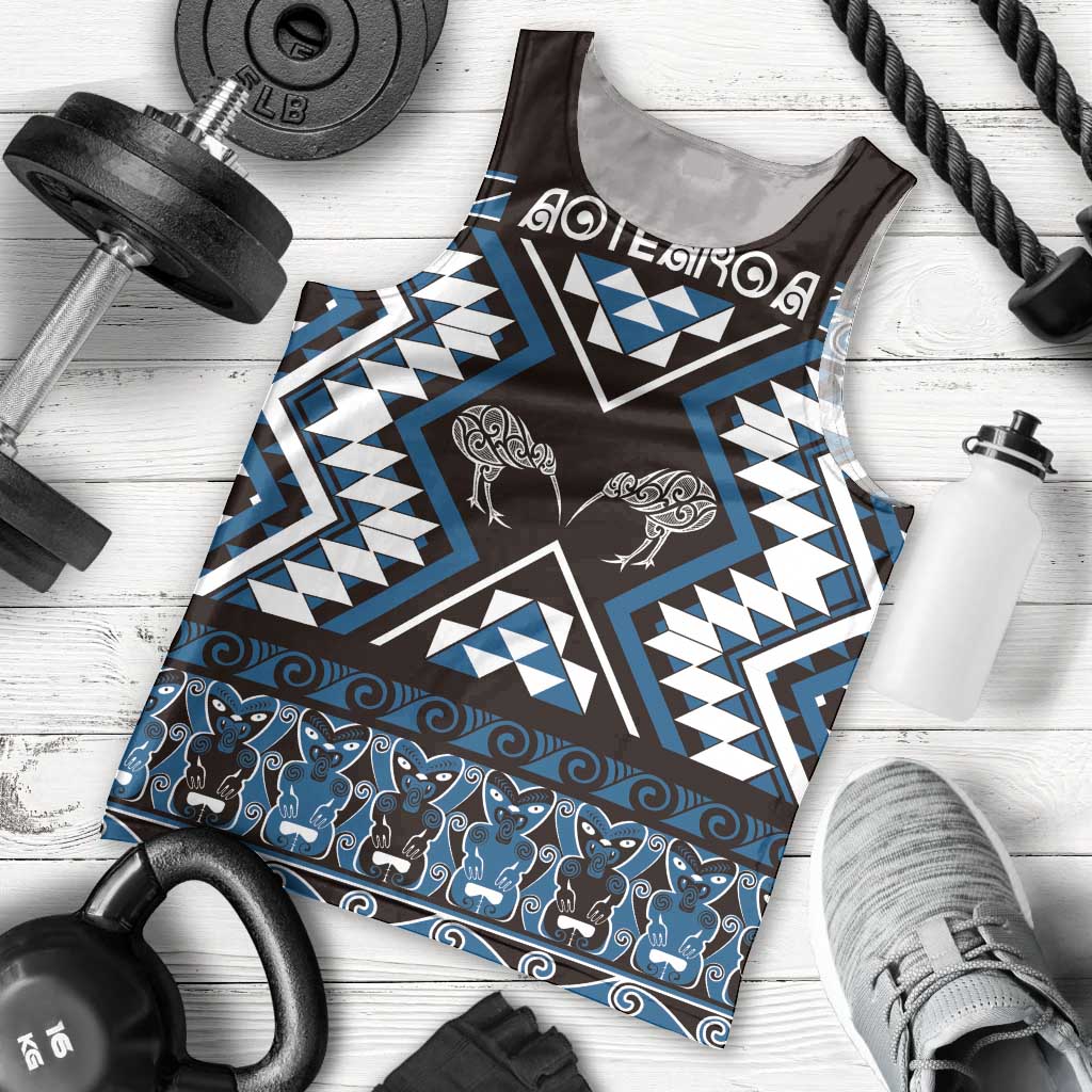 Personalised Taniko Motifs Aotearoa Men Tank Top Waitangi Kowhaiwhai Kiwi - Blue - Vibe Hoodie Shop