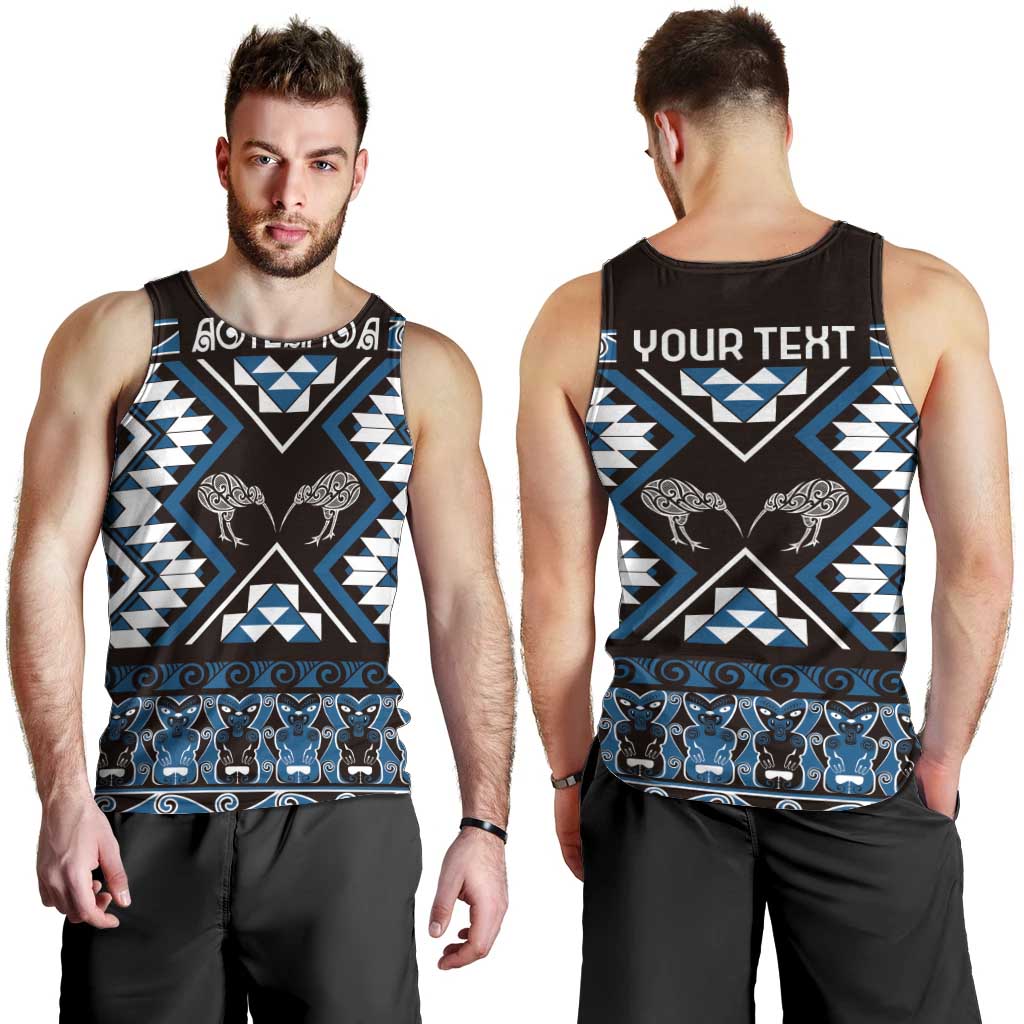 Personalised Taniko Motifs Aotearoa Men Tank Top Waitangi Kowhaiwhai Kiwi - Blue - Vibe Hoodie Shop