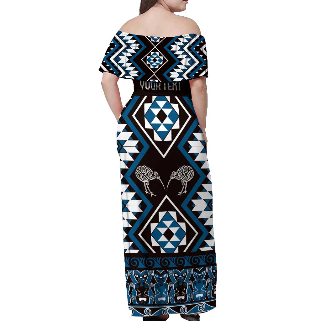 Personalised Taniko Motifs Aotearoa Off Shoulder Maxi Dress Waitangi Kowhaiwhai Kiwi - Blue