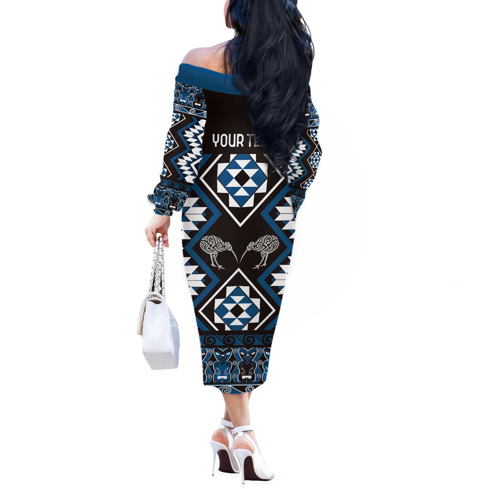 Personalised Taniko Motifs Aotearoa Off The Shoulder Long Sleeve Dress Waitangi Kowhaiwhai Kiwi - Blue