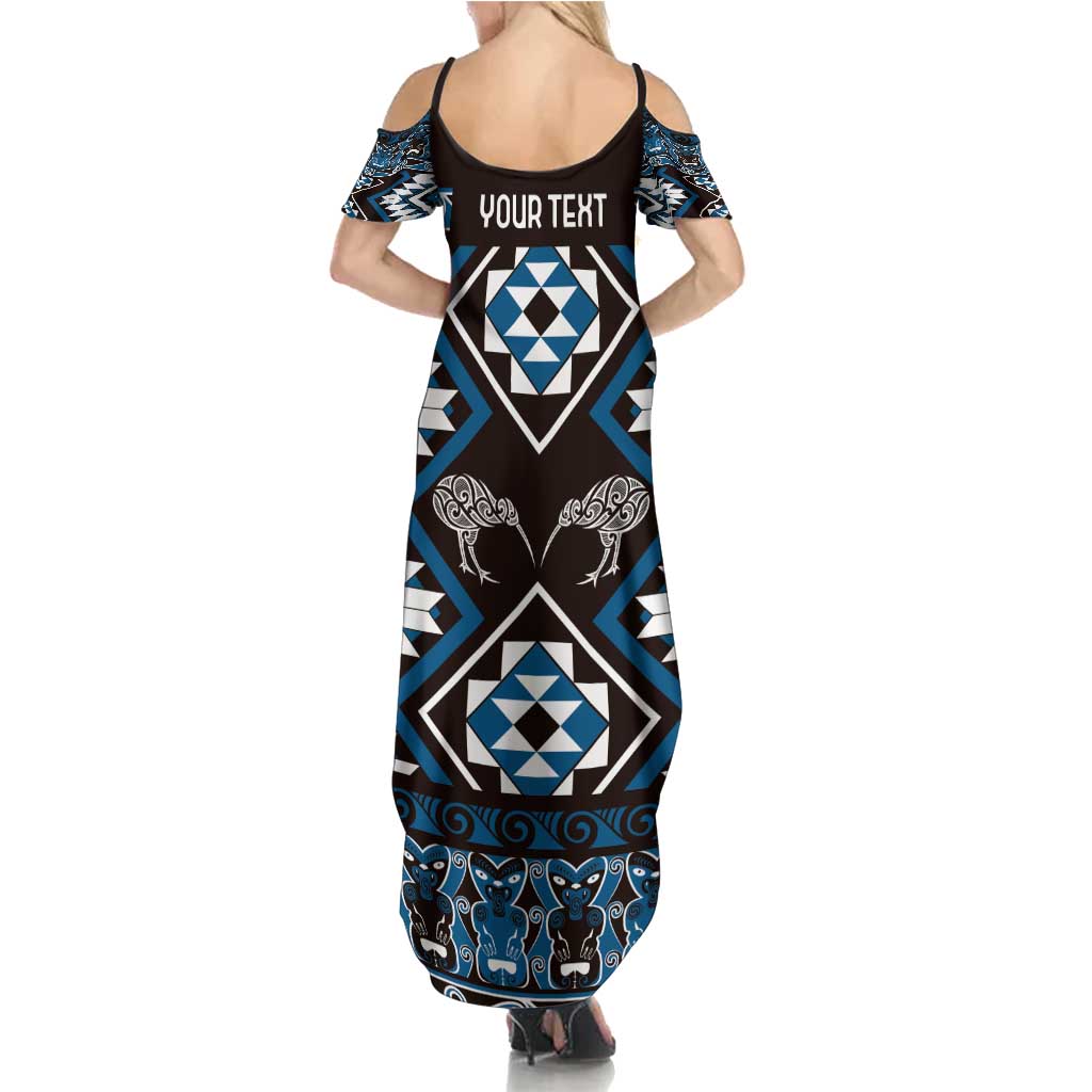 Personalised Taniko Motifs Aotearoa Summer Maxi Dress Waitangi Kowhaiwhai Kiwi - Blue