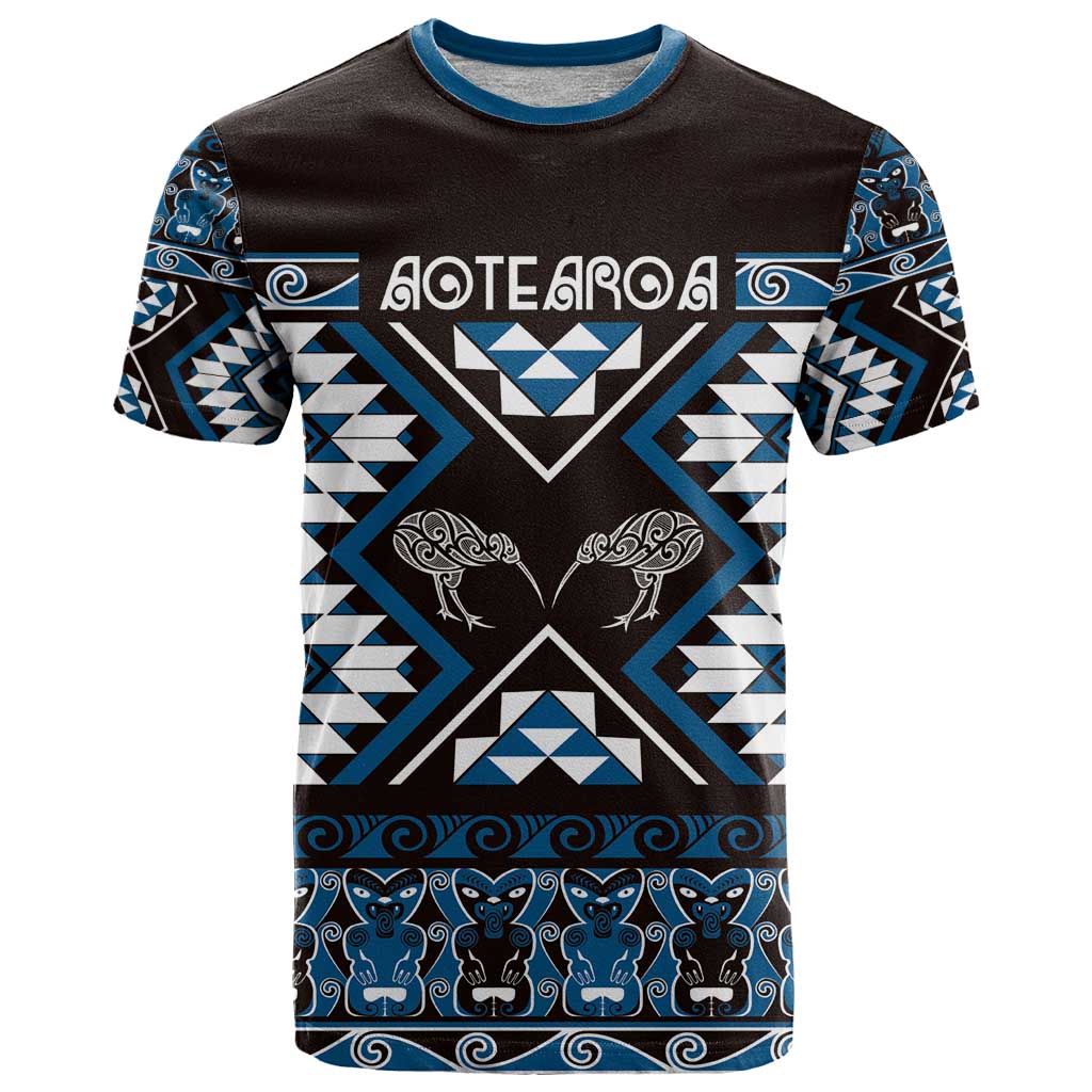 Personalised Taniko Motifs Aotearoa T Shirt Waitangi Kowhaiwhai Kiwi - Blue - Vibe Hoodie Shop