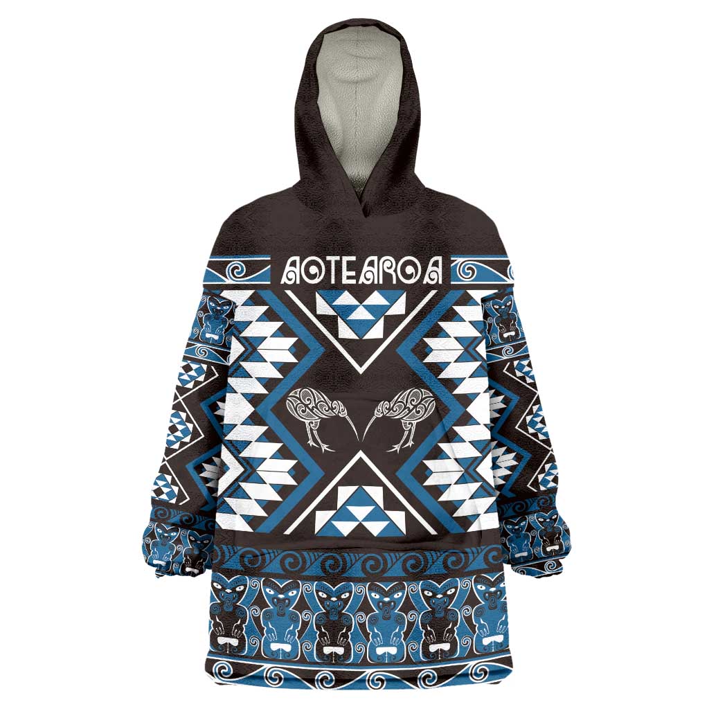 Personalised Taniko Motifs Aotearoa Wearable Blanket Hoodie Waitangi Kowhaiwhai Kiwi - Blue - Vibe Hoodie Shop